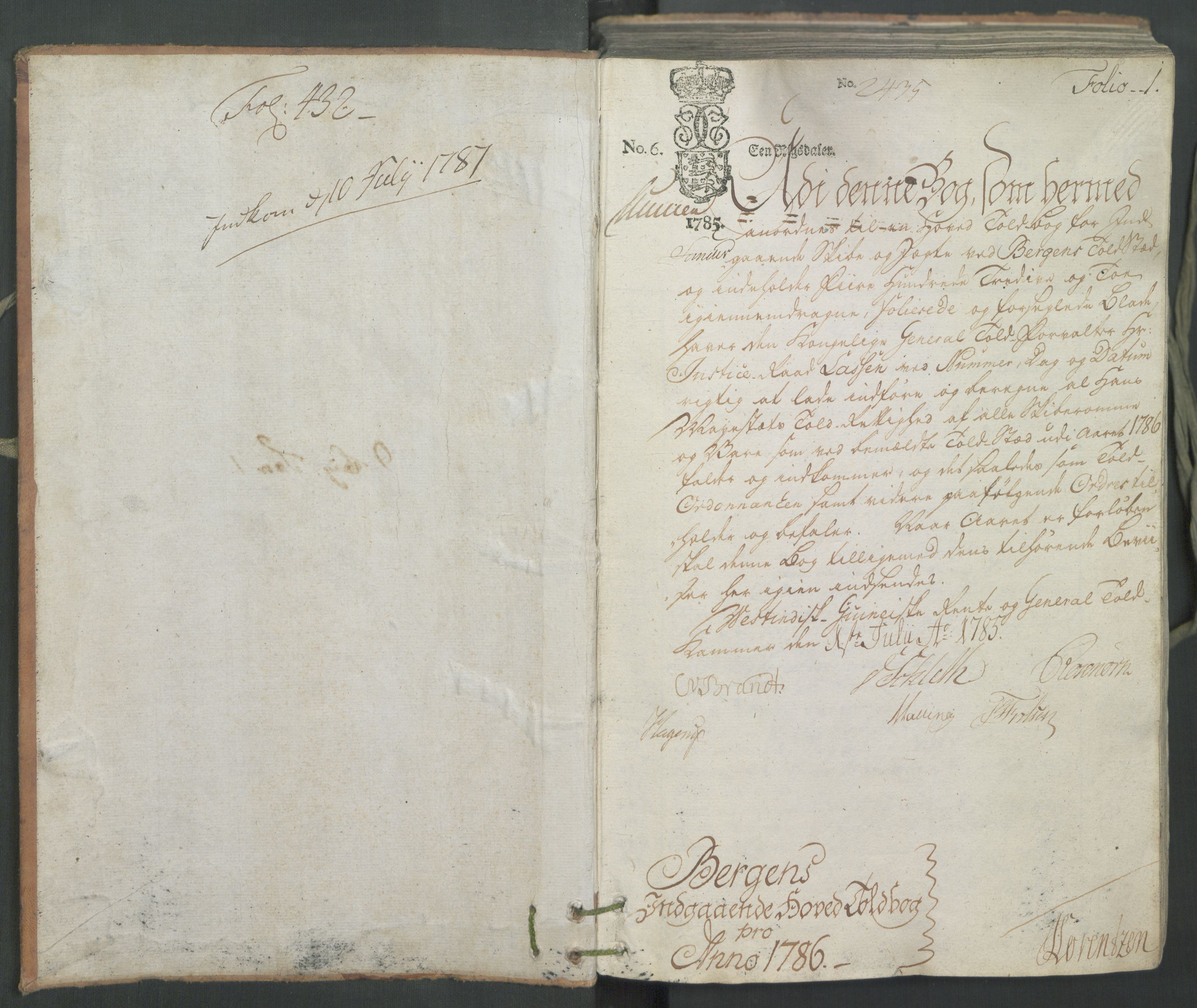 Generaltollkammeret, tollregnskaper, RA/EA-5490/R26/L0222/0001: Tollregnskaper Bergen A / Inngående hovedtollbok, 1786, s. 1a