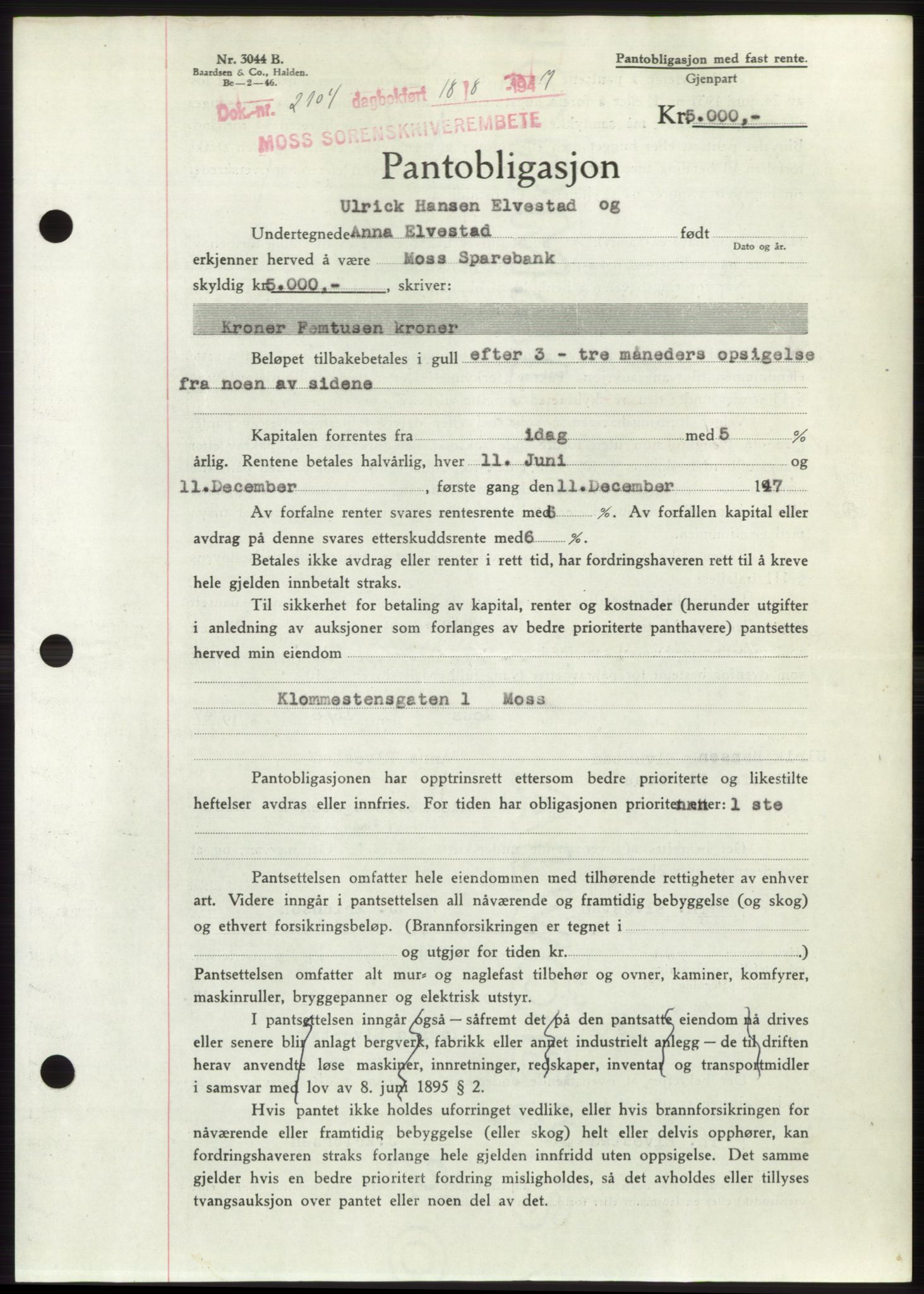 Moss sorenskriveri, SAO/A-10168: Pantebok nr. B17, 1947-1947, Dagboknr: 2104/1947