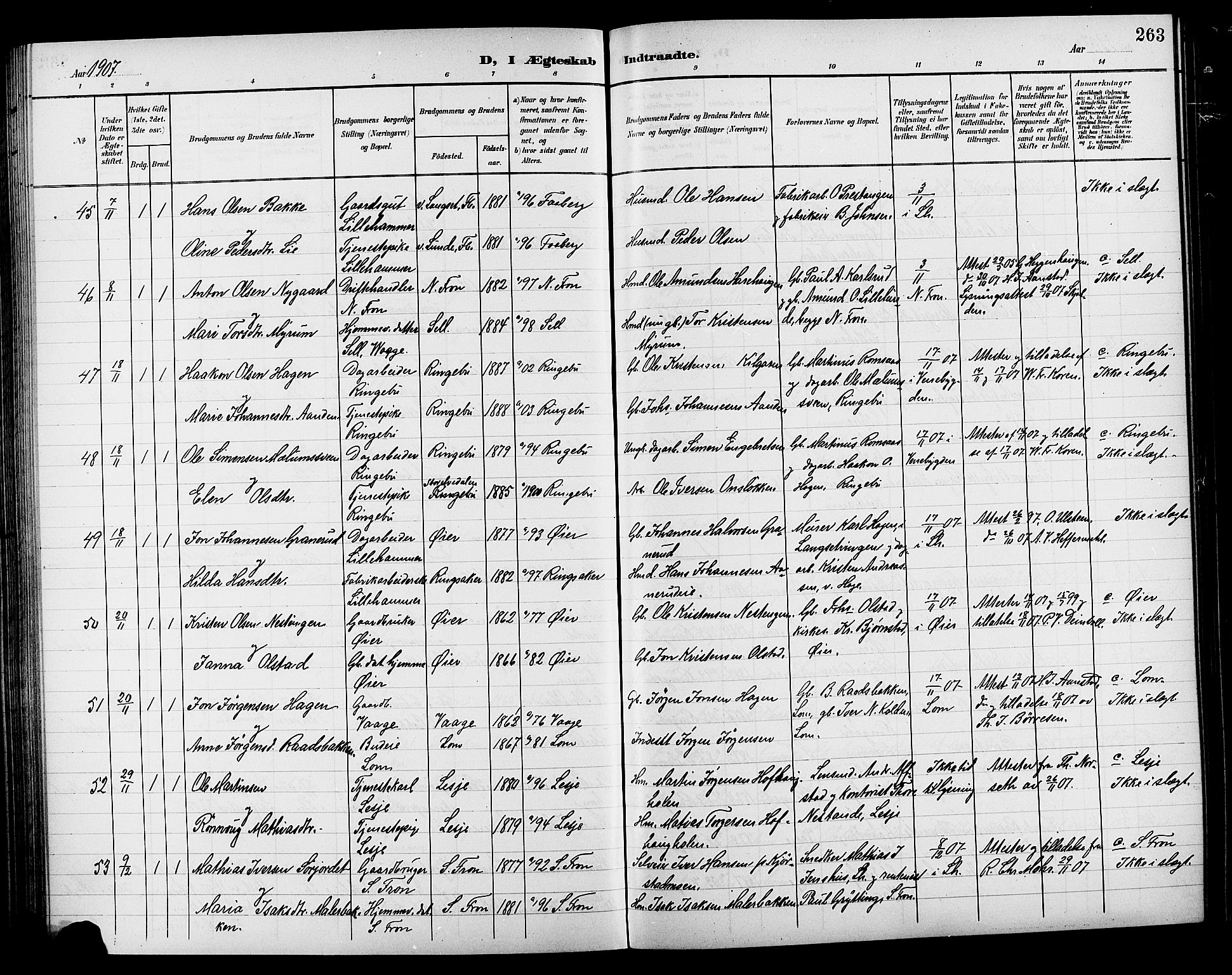 Lillehammer prestekontor, AV/SAH-PREST-088/H/Ha/Hab/L0001: Klokkerbok nr. 1, 1901-1913, s. 263