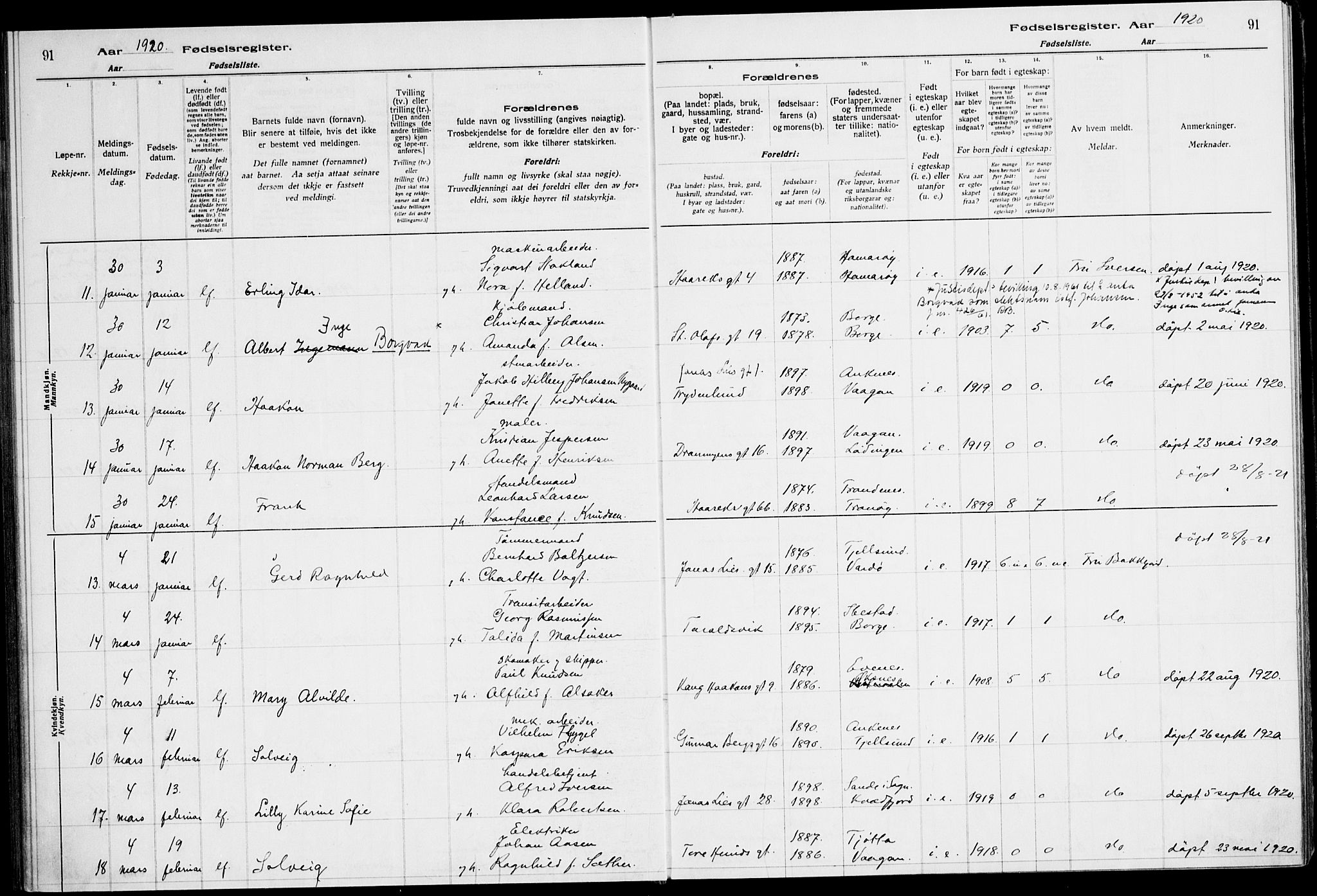 Ministerialprotokoller, klokkerbøker og fødselsregistre - Nordland, AV/SAT-A-1459/871/L1013: Fødselsregister nr. 871.II.4.1, 1916-1924, s. 91