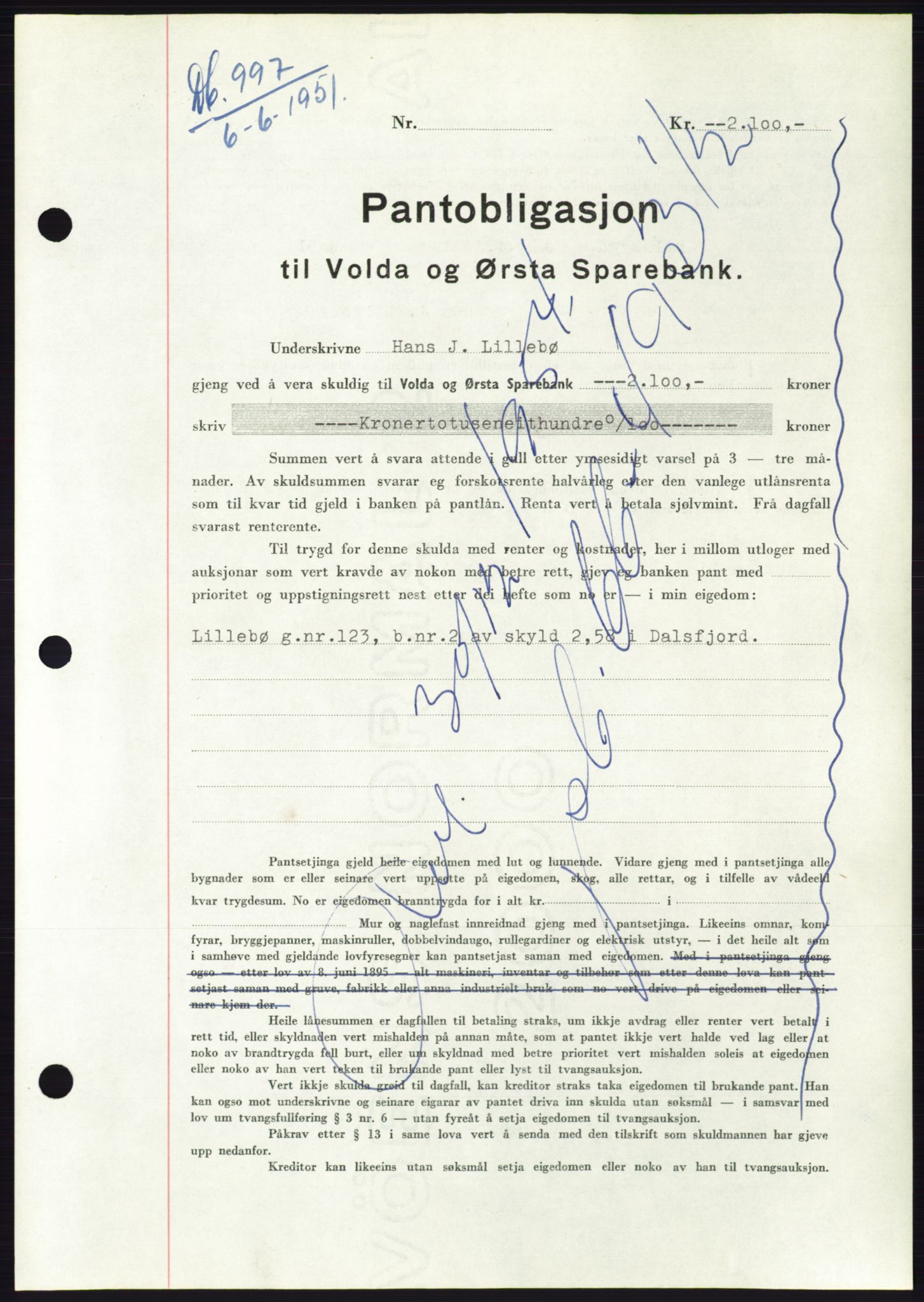 Søre Sunnmøre sorenskriveri, SAT/A-4122/1/2/2C/L0120: Pantebok nr. 8B, 1951-1951, Dagboknr: 997/1951