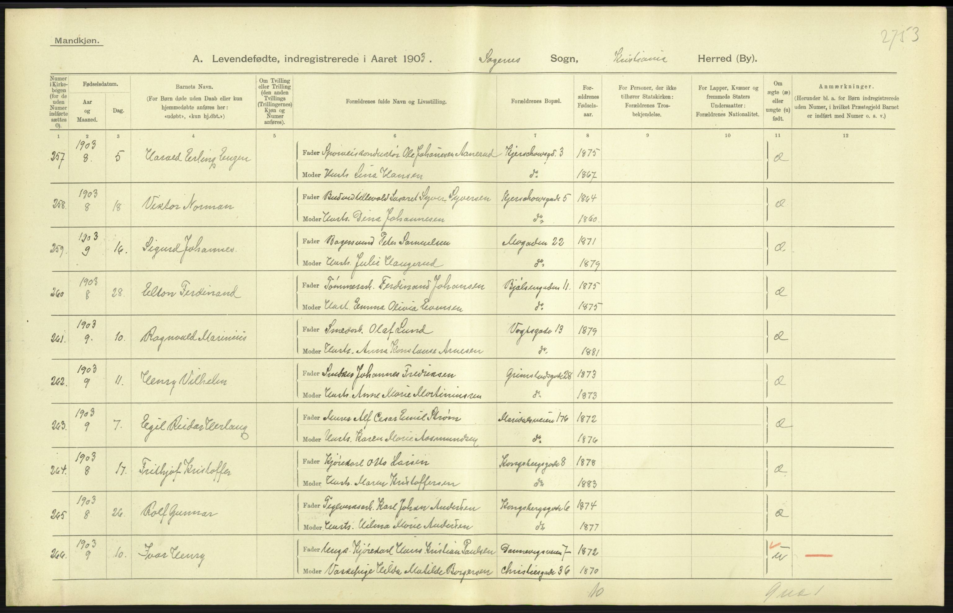 Statistisk sentralbyrå, Sosiodemografiske emner, Befolkning, AV/RA-S-2228/D/Df/Dfa/Dfaa/L0003: Kristiania: Fødte, 1903, s. 141