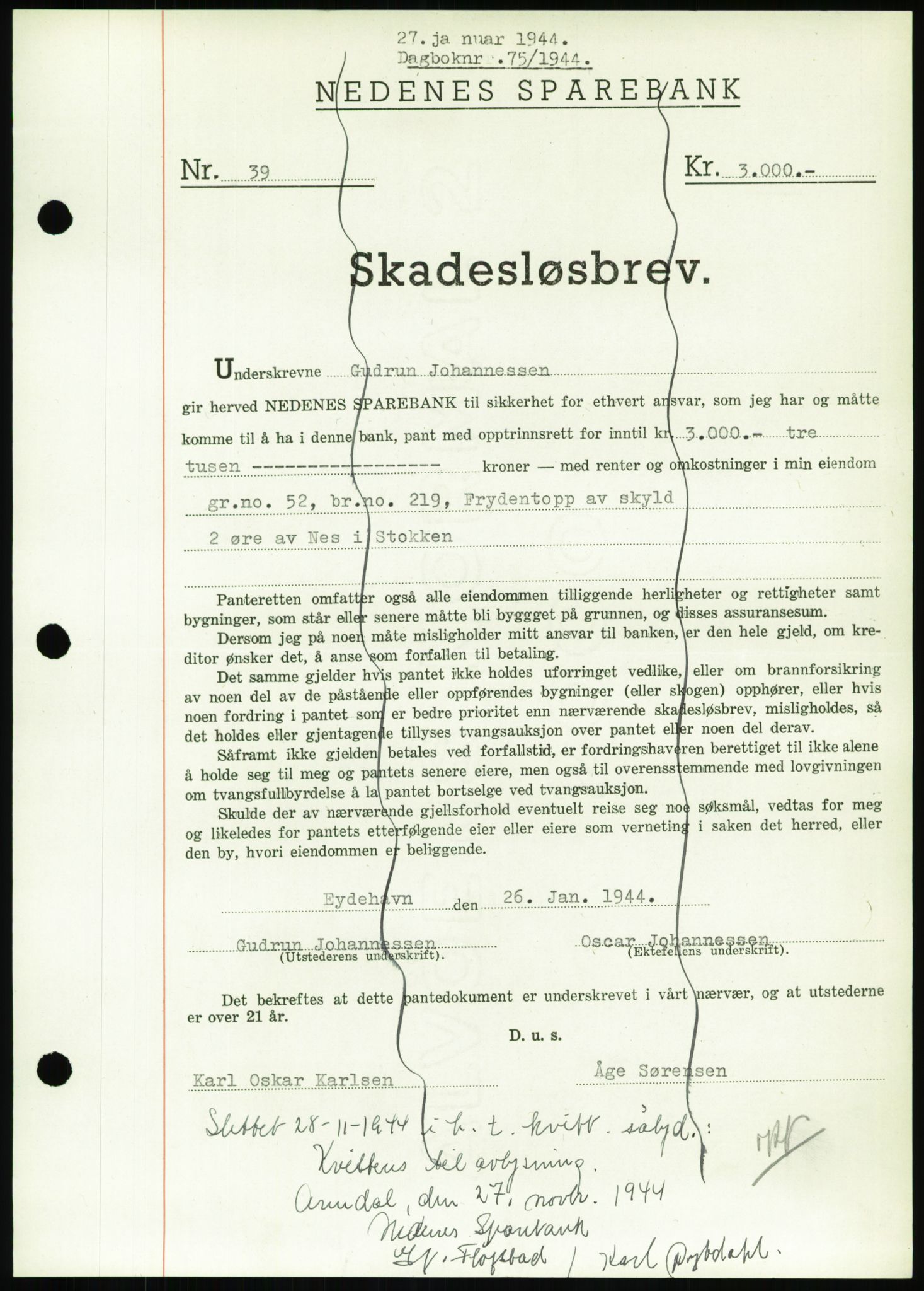 Nedenes sorenskriveri, SAK/1221-0006/G/Gb/Gbb/L0002: Pantebok nr. II, 1942-1945, Dagboknr: 75/1944