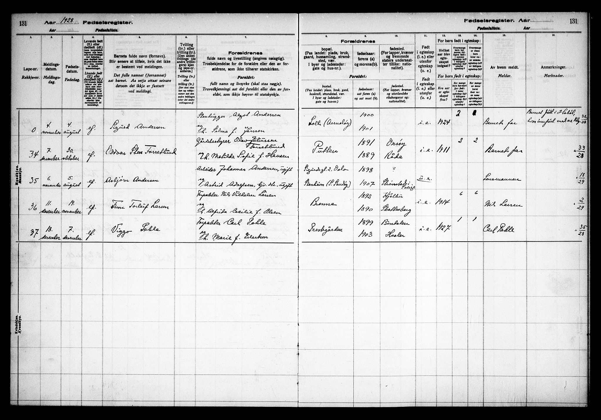 Hvaler prestekontor Kirkebøker, AV/SAO-A-2001/J/Ja/L0001: Fødselsregister nr. I 1, 1916-1938, s. 131