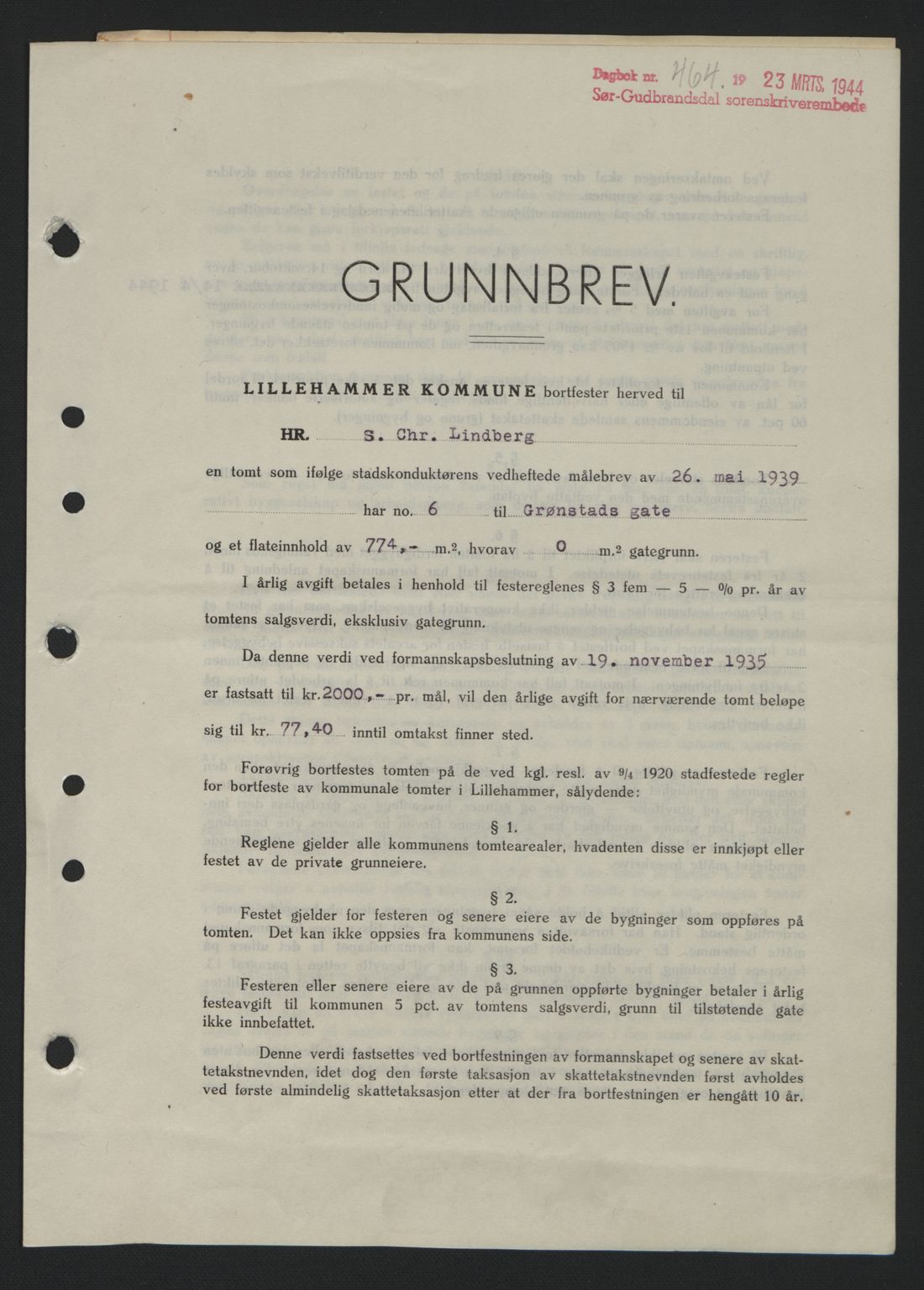 Sør-Gudbrandsdal tingrett, SAH/TING-004/H/Hb/Hbd/L0013: Pantebok nr. A13, 1944-1944, Dagboknr: 464/1944