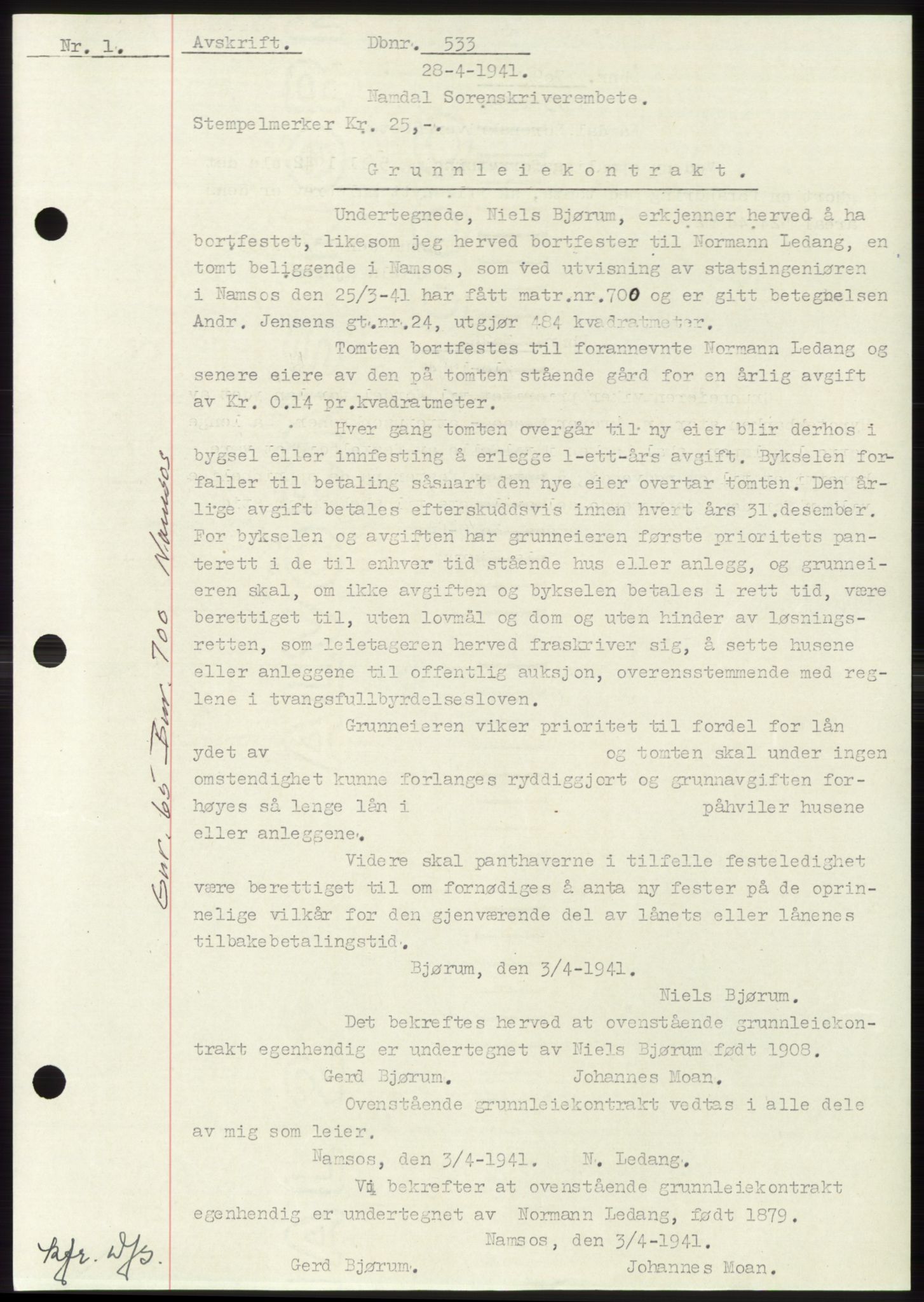Namdal sorenskriveri, SAT/A-4133/1/2/2C: Pantebok nr. -, 1940-1941, Tingl.dato: 28.04.1941
