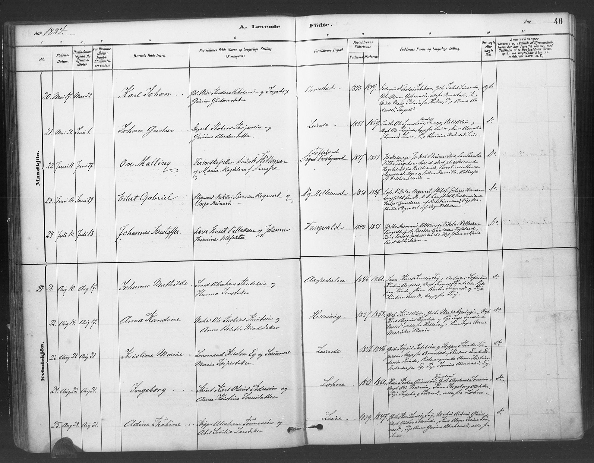 Søgne sokneprestkontor, AV/SAK-1111-0037/F/Fa/Fab/L0012: Ministerialbok nr. A 12, 1880-1891, s. 46