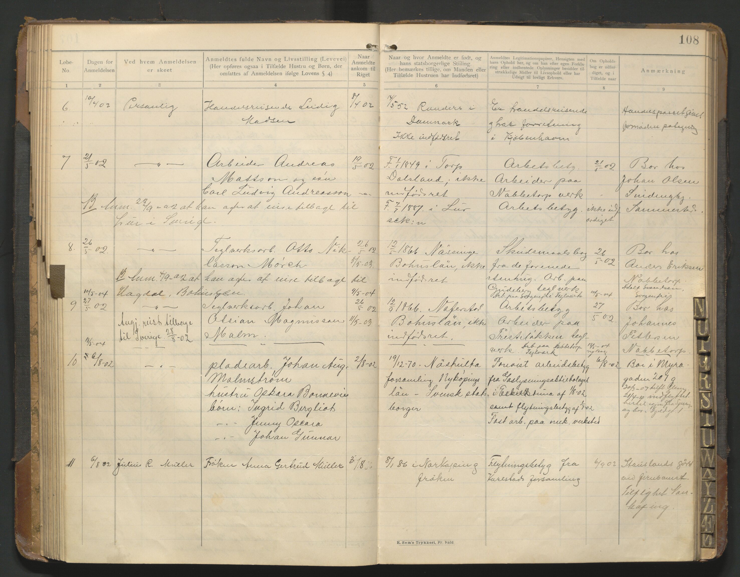 Fredrikstad politikammer, AV/SAO-A-10055/H/Hb/Hba/L0001: Protokoll over fremmede statsborgere, 1901-1916, s. 107b-108a