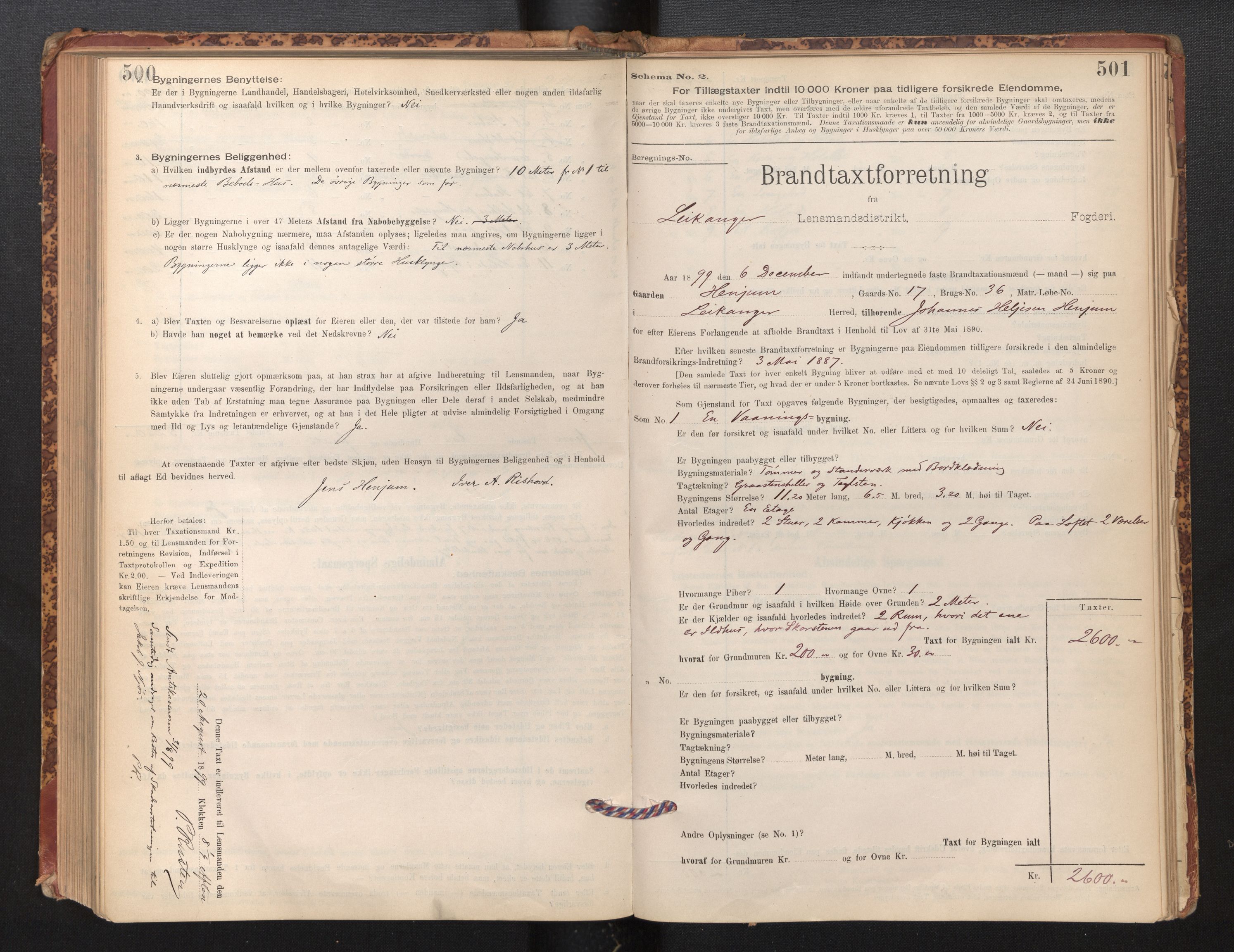 Lensmannen i Leikanger, AV/SAB-A-29201/0012/L0004: Branntakstprotokoll, skjematakst, 1894-1903, s. 500-501