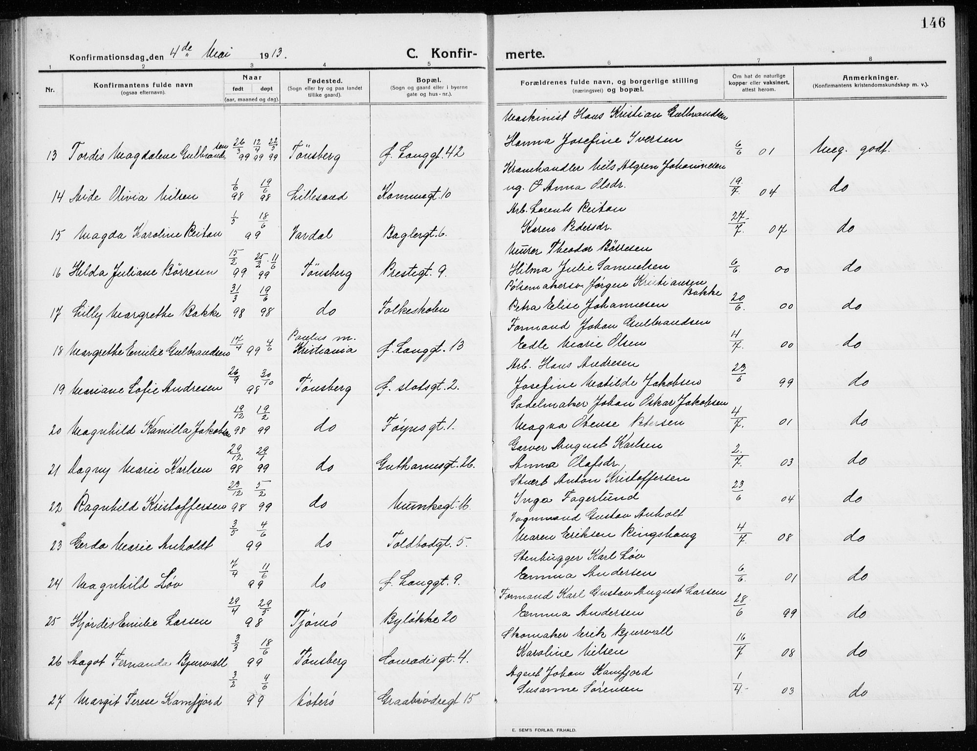 Tønsberg kirkebøker, AV/SAKO-A-330/G/Ga/L0009: Klokkerbok nr. 9, 1913-1920, s. 146