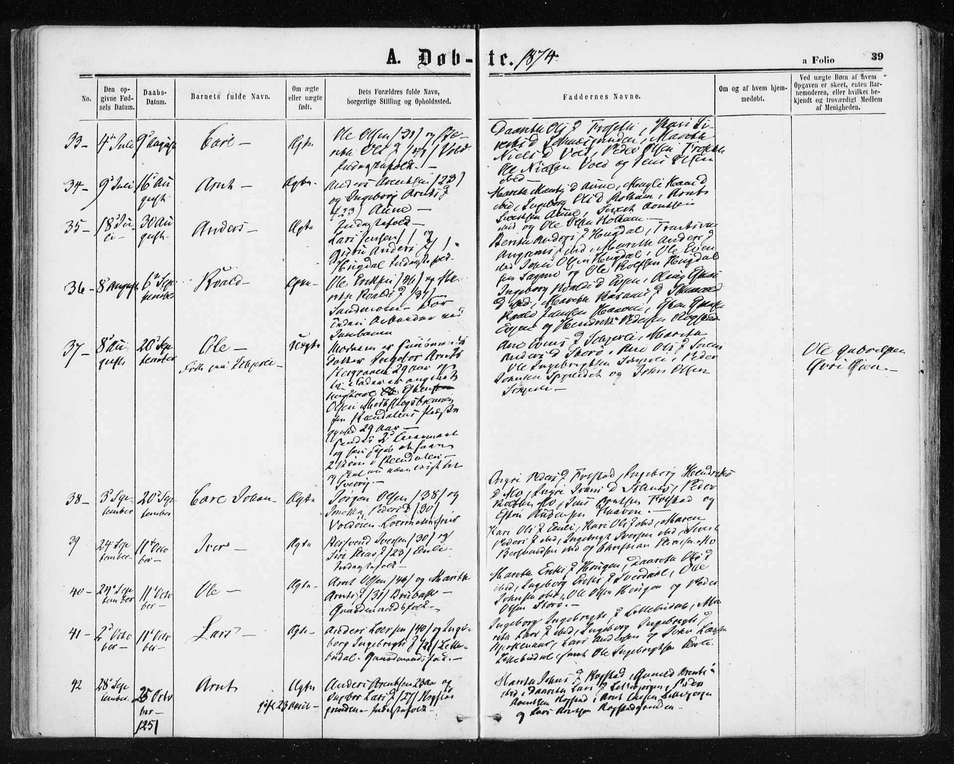 Ministerialprotokoller, klokkerbøker og fødselsregistre - Sør-Trøndelag, SAT/A-1456/687/L1001: Ministerialbok nr. 687A07, 1863-1878, s. 39
