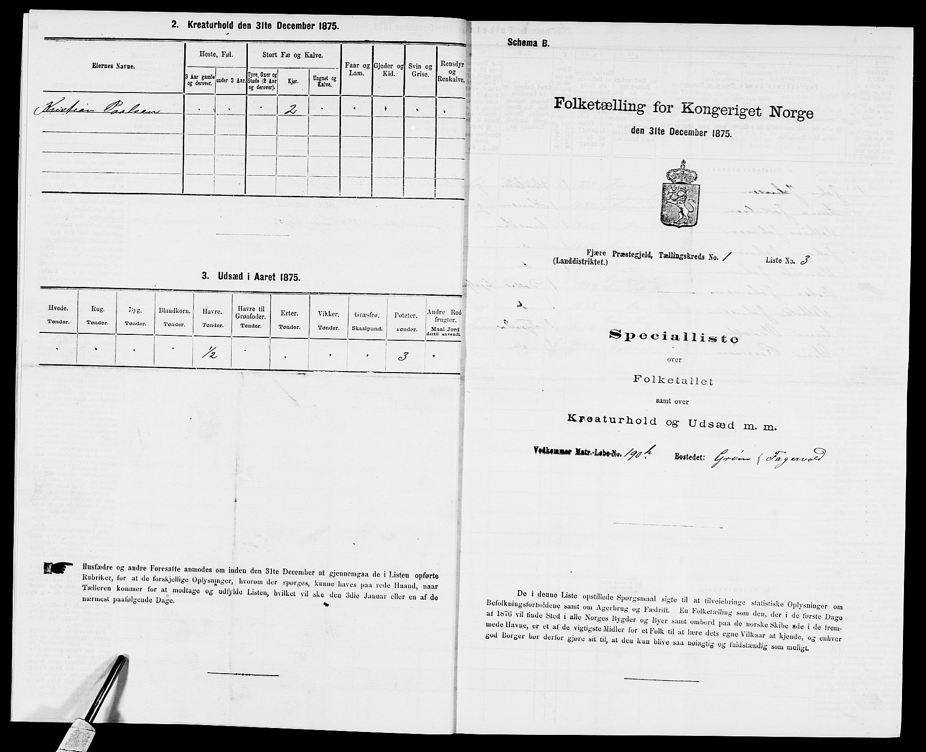 SAK, Folketelling 1875 for 0923L Fjære prestegjeld, Fjære sokn, 1875, s. 73