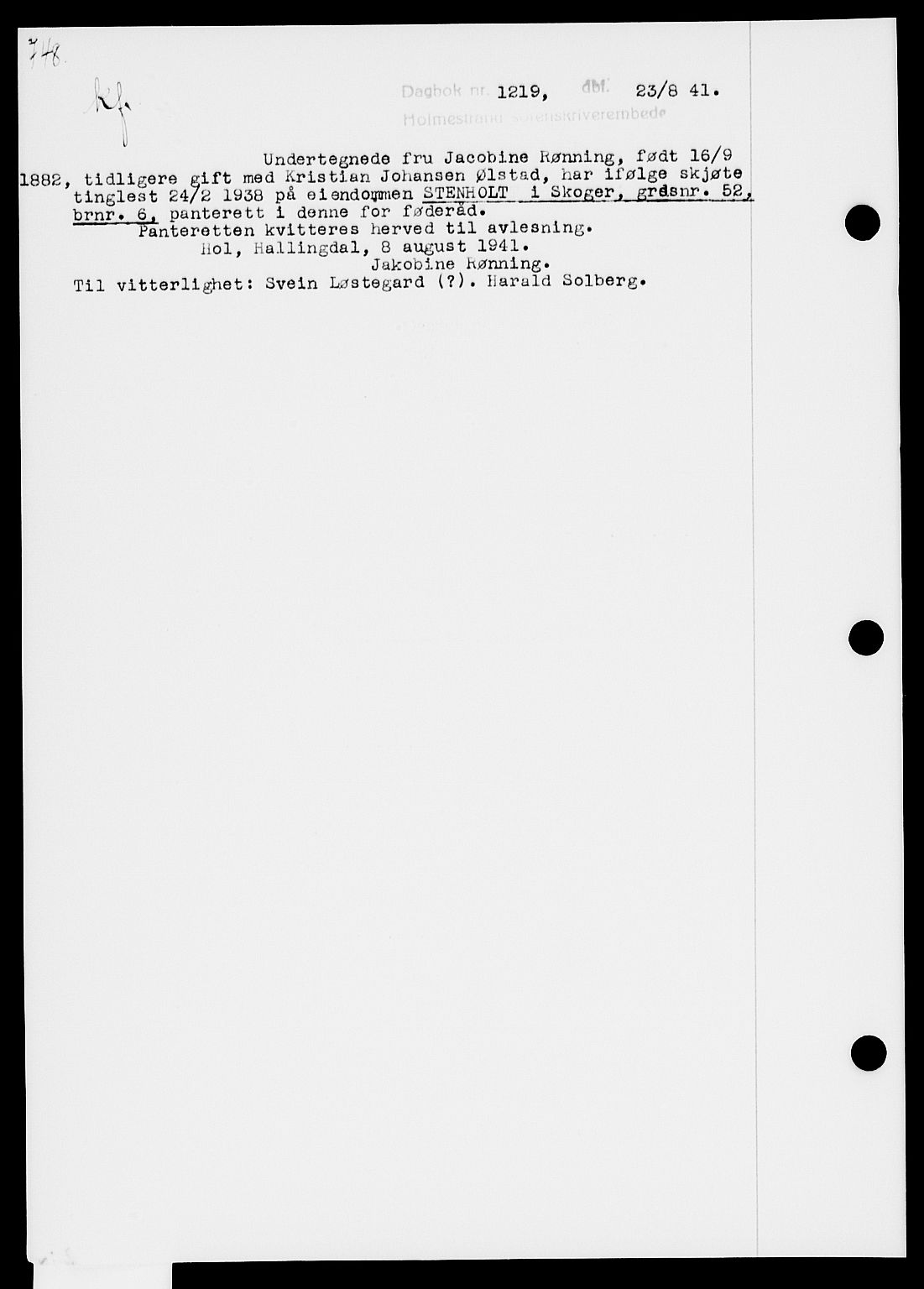 Holmestrand sorenskriveri, SAKO/A-67/G/Ga/Gaa/L0053: Pantebok nr. A-53, 1941-1941, Dagboknr: 1219/1941