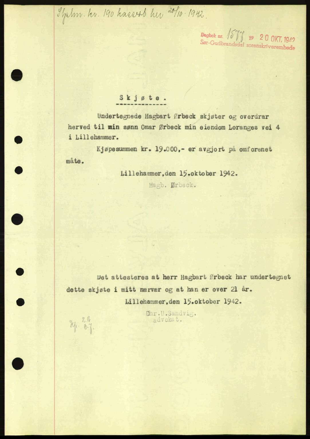 Sør-Gudbrandsdal tingrett, SAH/TING-004/H/Hb/Hbd/L0011: Pantebok nr. A11, 1942-1943, Dagboknr: 1577/1942