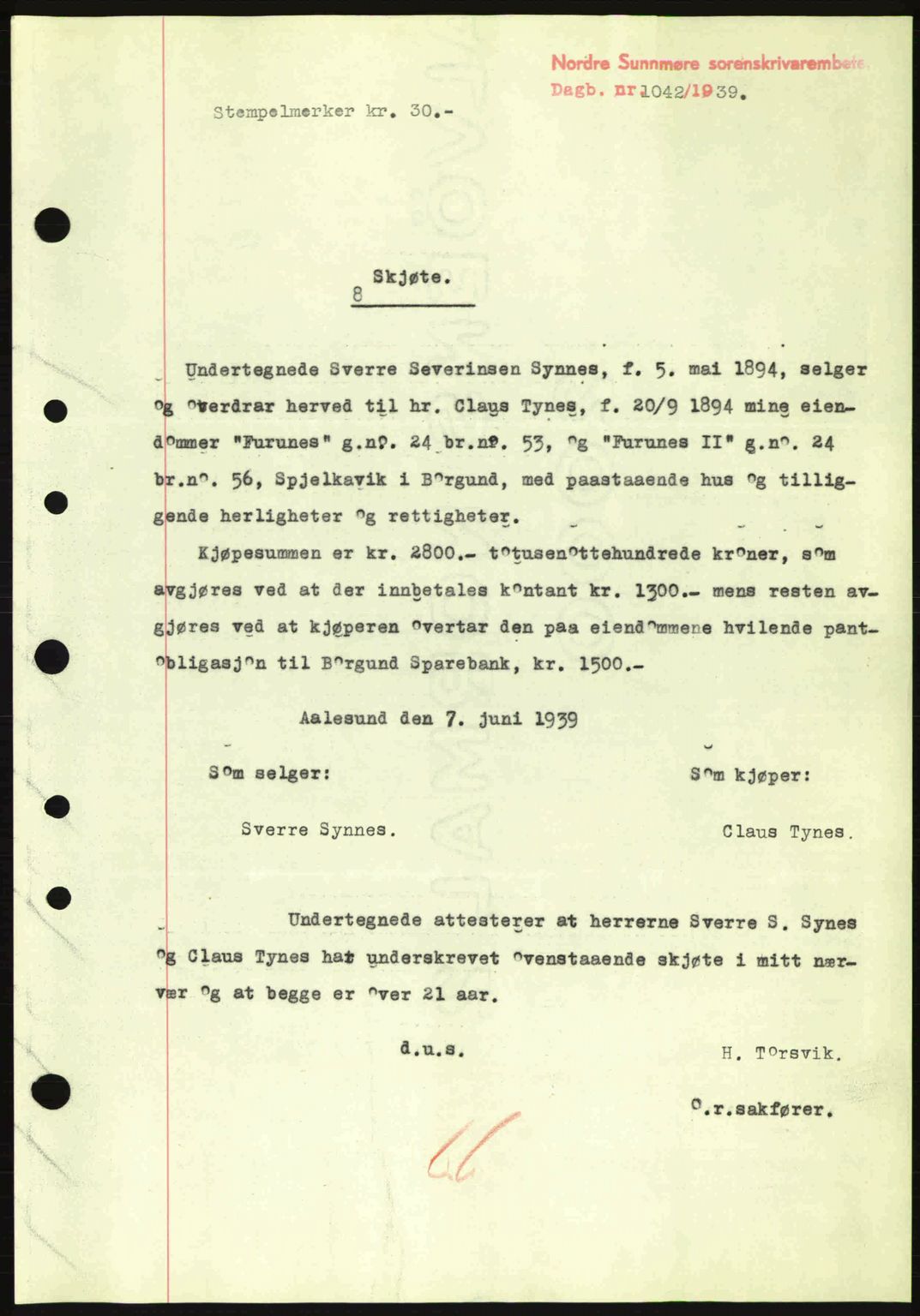 Nordre Sunnmøre sorenskriveri, SAT/A-0006/1/2/2C/2Ca: Pantebok nr. A7, 1939-1939, Dagboknr: 1042/1939