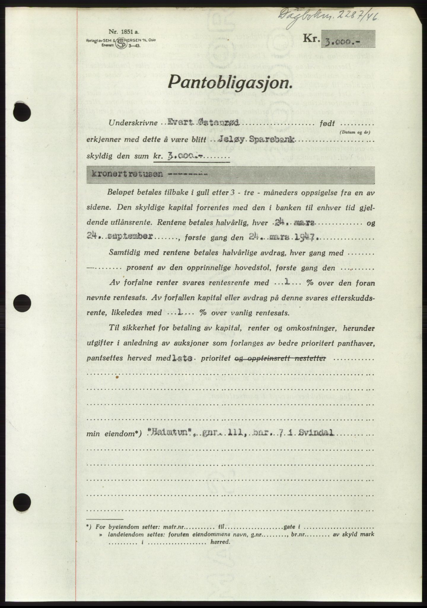 Moss sorenskriveri, SAO/A-10168: Pantebok nr. B16, 1946-1947, Dagboknr: 2287/1946