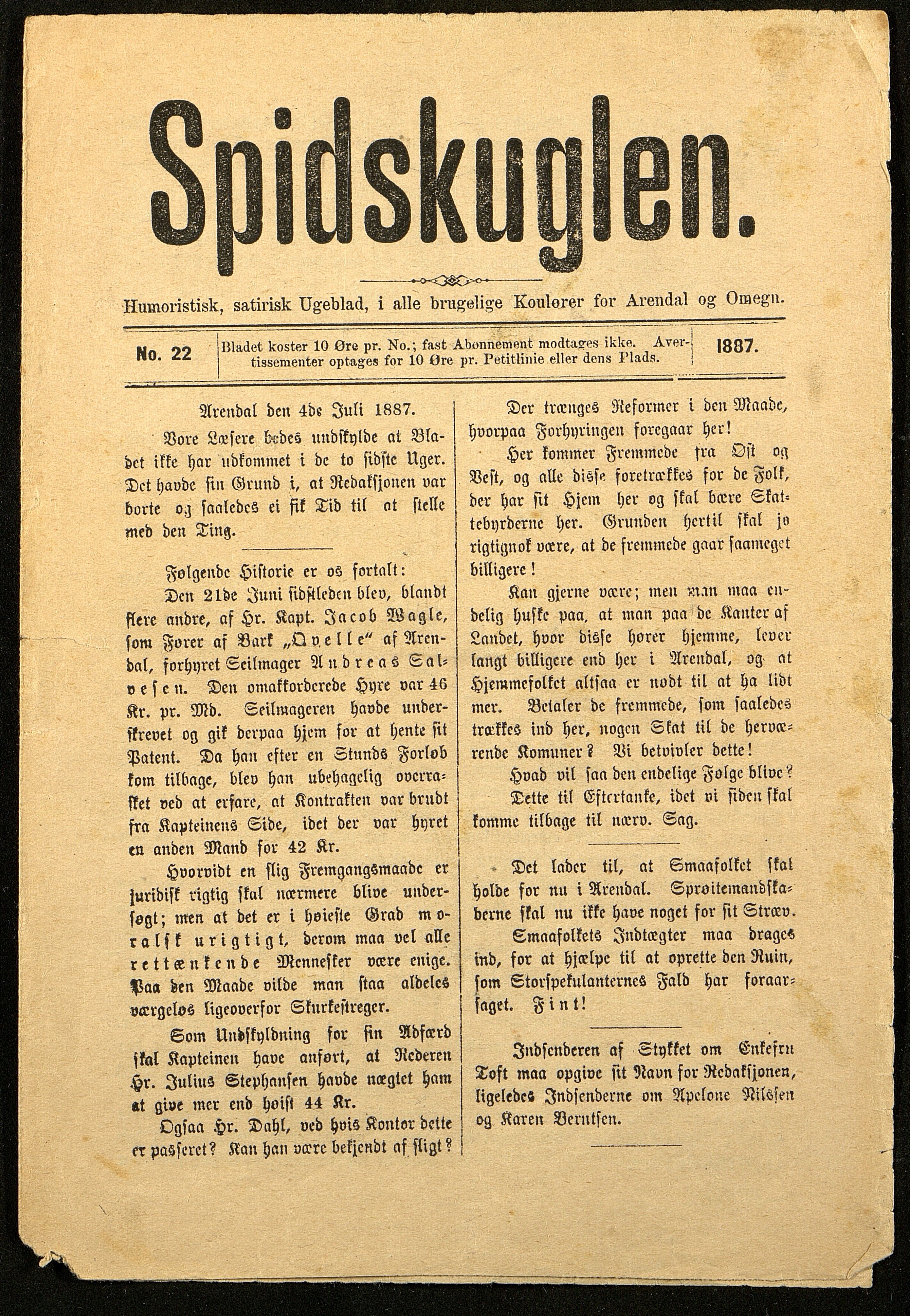 Spidskuglen, AAKS/PA-2823/X/L0001/0001: Spidskuglen / Årg. 1887, nr. 1–2, 4–23, 25–36, 1887