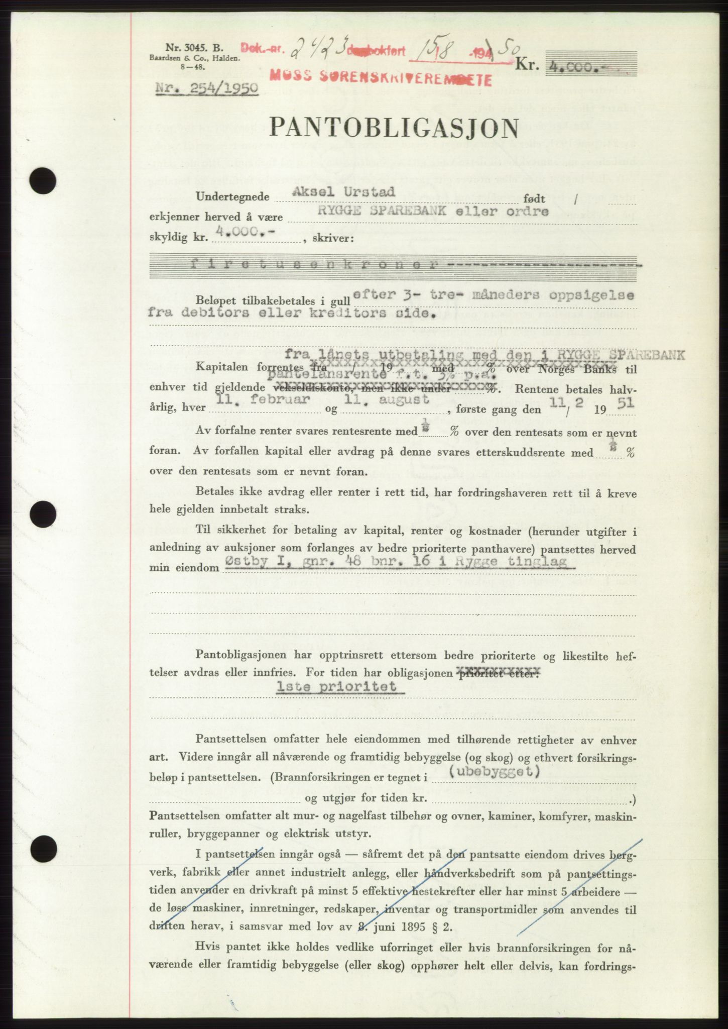 Moss sorenskriveri, SAO/A-10168: Pantebok nr. B25, 1950-1950, Dagboknr: 2423/1950