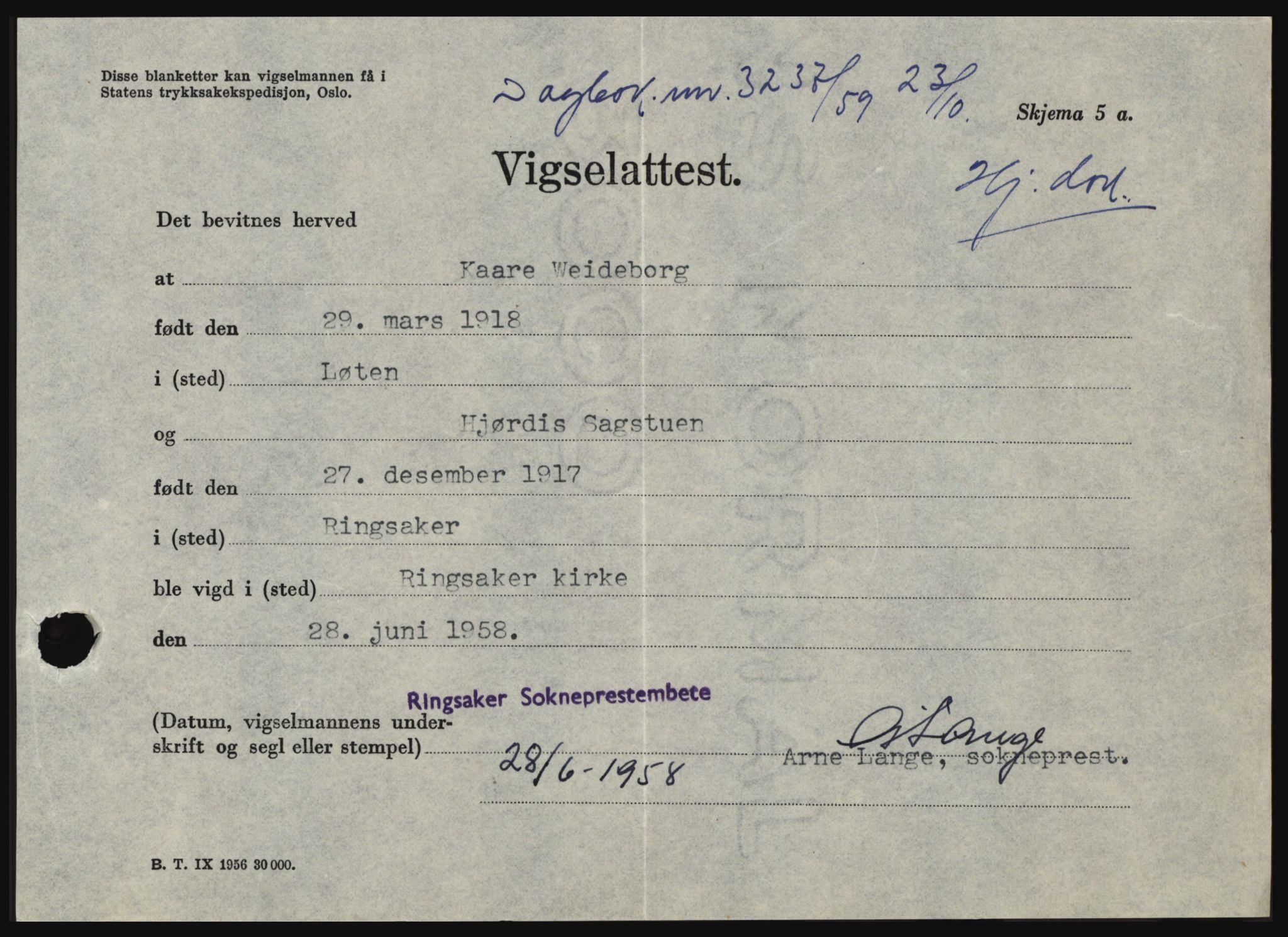 Nord-Hedmark sorenskriveri, SAH/TING-012/H/Hc/L0013: Pantebok nr. 13, 1959-1960, Dagboknr: 3237/1959