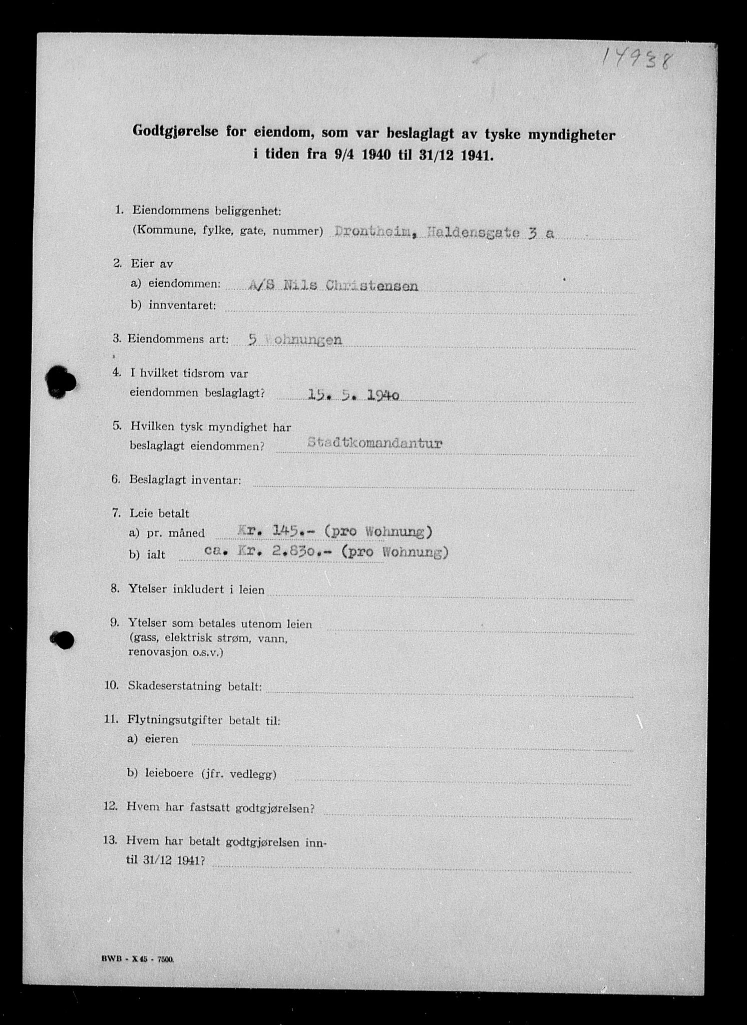 Justisdepartementet, Tilbakeføringskontoret for inndratte formuer, AV/RA-S-1564/I/L1018: Godtgjørelse for beslaglagt eiendom, 1940-1941, s. 16