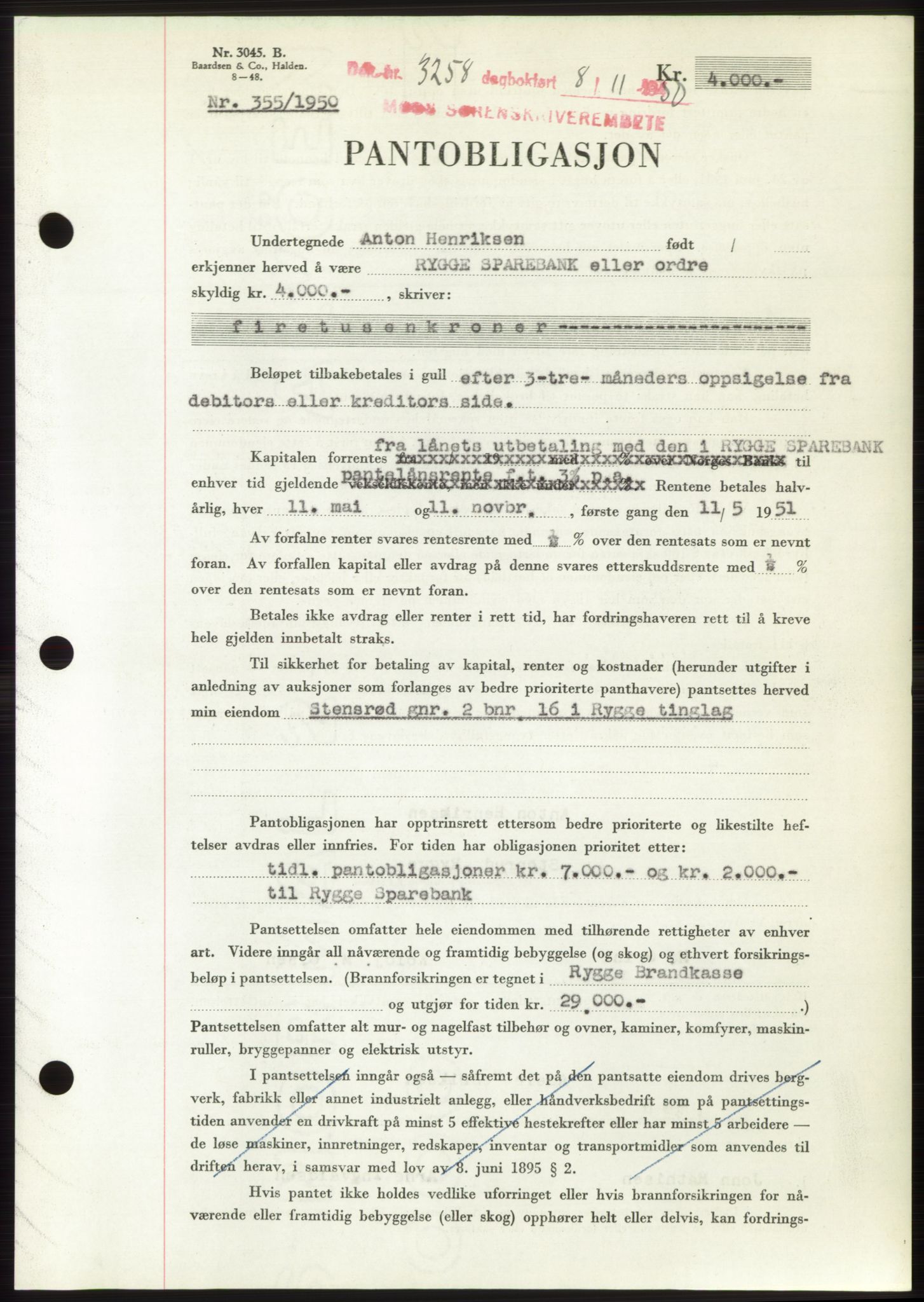 Moss sorenskriveri, SAO/A-10168: Pantebok nr. B25, 1950-1950, Dagboknr: 3258/1950
