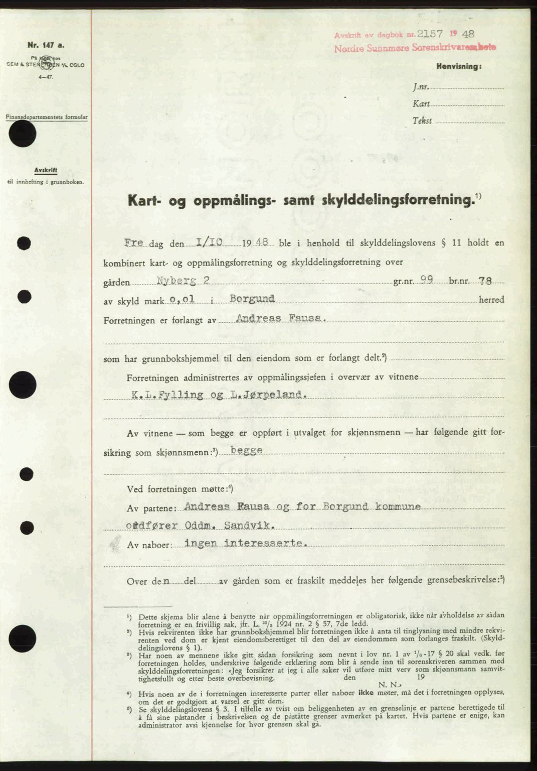 Nordre Sunnmøre sorenskriveri, SAT/A-0006/1/2/2C/2Ca: Pantebok nr. A29, 1948-1949, Dagboknr: 2157/1948