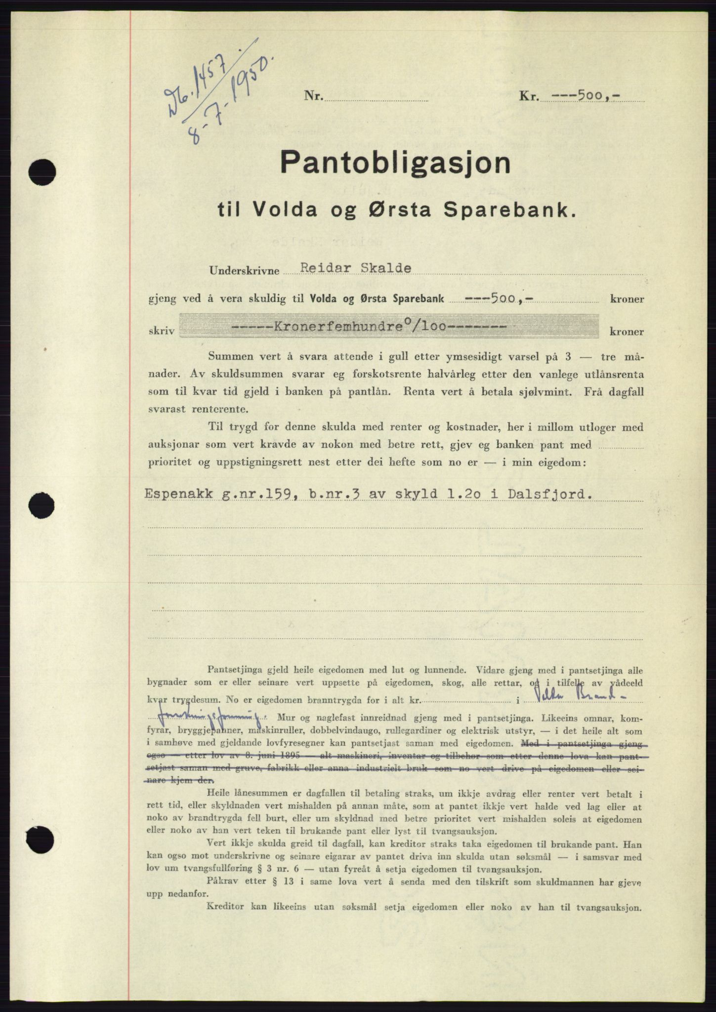 Søre Sunnmøre sorenskriveri, SAT/A-4122/1/2/2C/L0118: Pantebok nr. 6B, 1949-1950, Dagboknr: 1457/1950