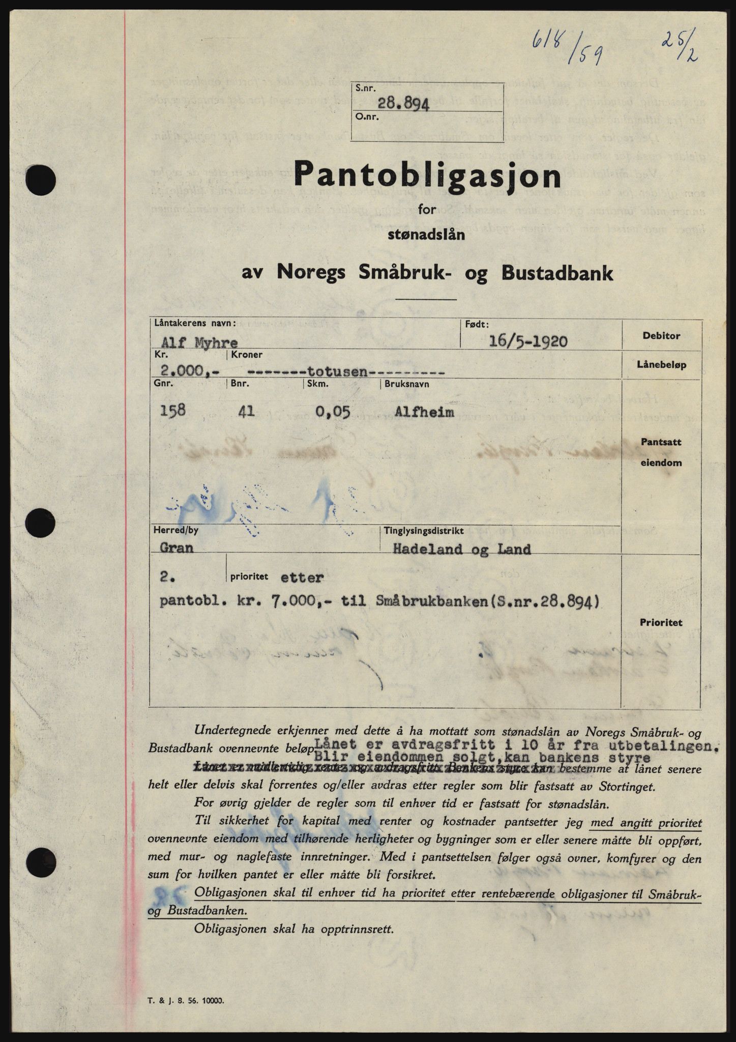 Hadeland og Land tingrett, SAH/TING-010/H/Hb/Hbc/L0040: Pantebok nr. B40, 1959-1959, Dagboknr: 618/1959