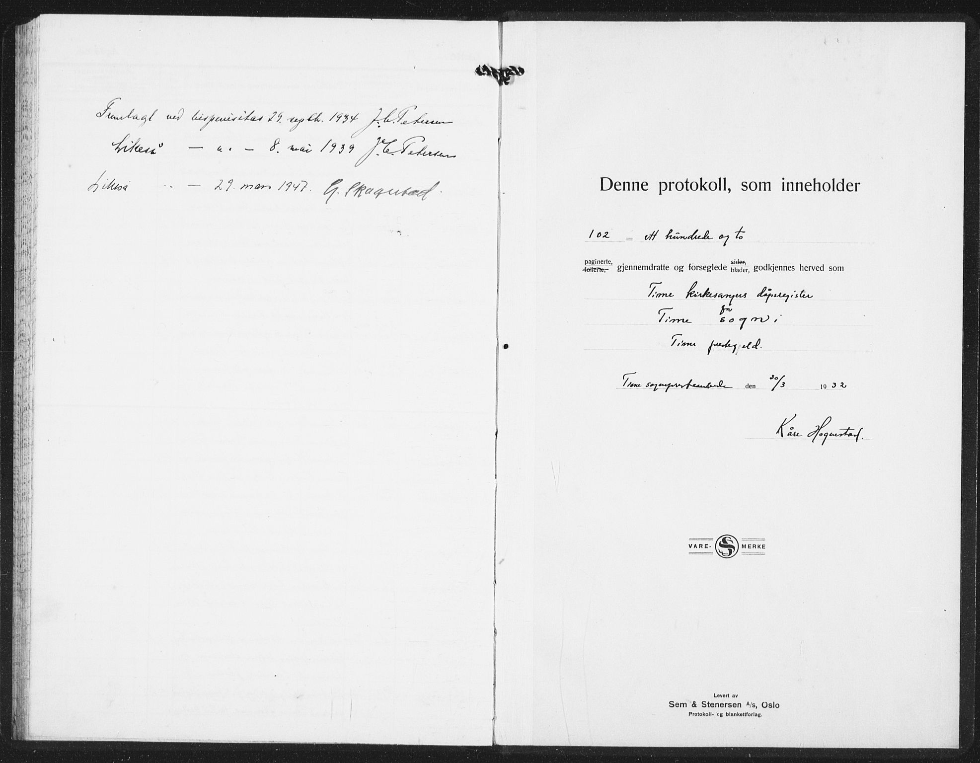 Time sokneprestkontor, AV/SAST-A-101795/001/30BB/L0002: Klokkerbok nr. B 2, 1932-1944