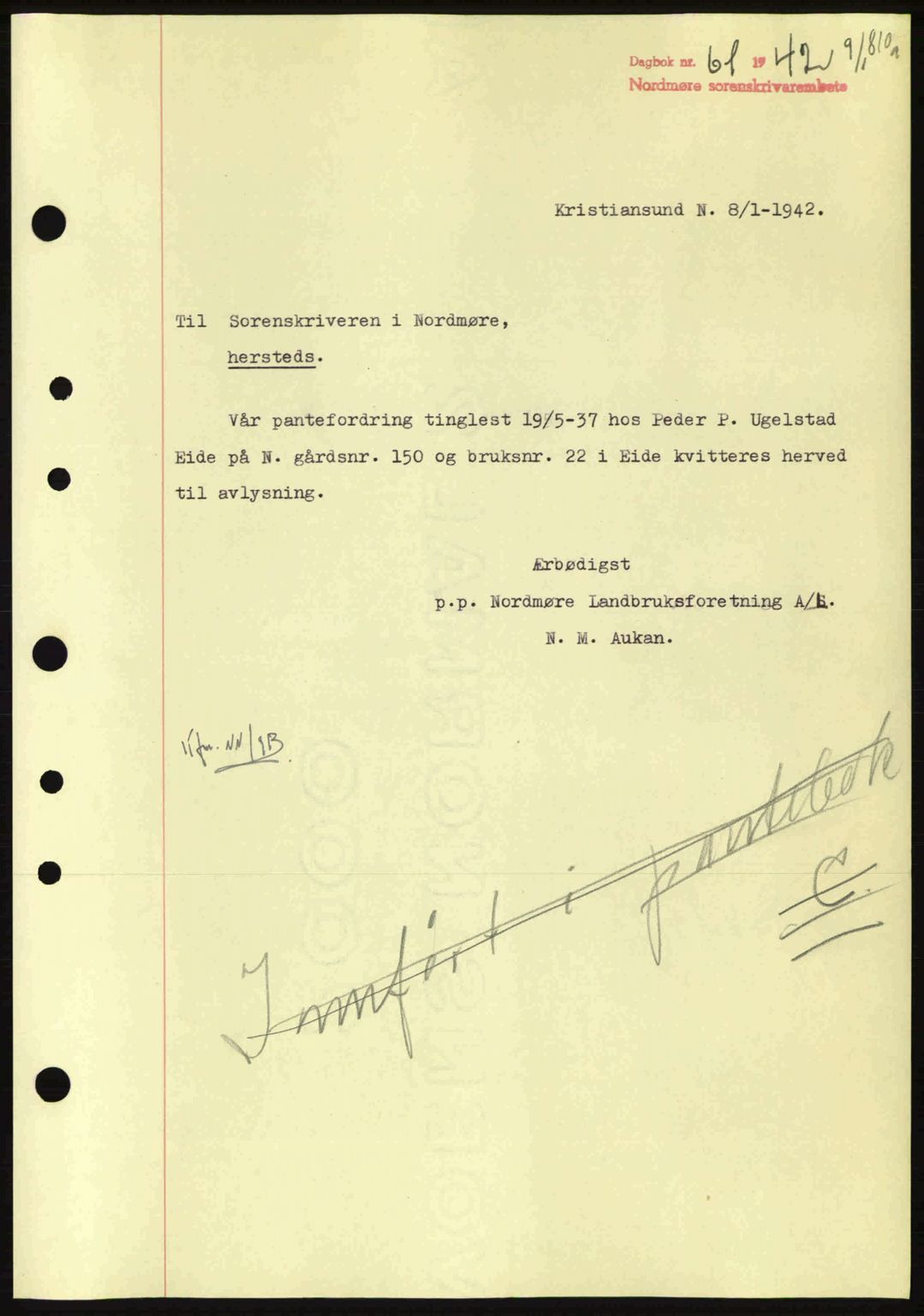 Nordmøre sorenskriveri, SAT/A-4132/1/2/2Ca: Pantebok nr. B88, 1941-1942, Dagboknr: 61/1942