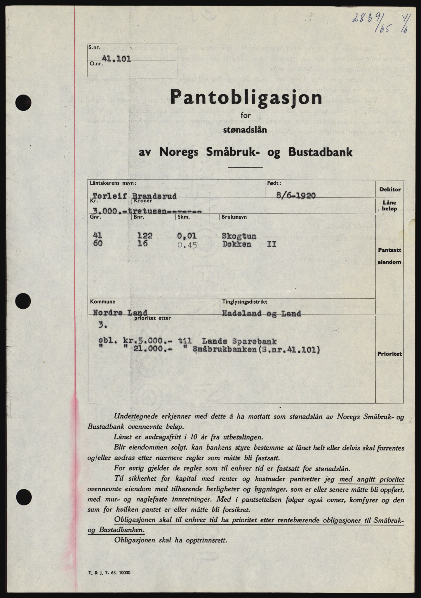 Hadeland og Land tingrett, SAH/TING-010/H/Hb/Hbc/L0059: Pantebok nr. B59, 1965-1965, Dagboknr: 2839/1965