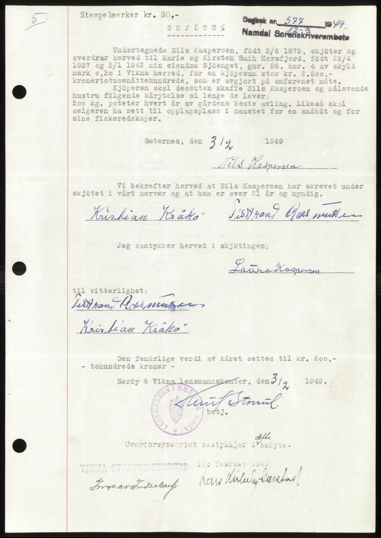 Namdal sorenskriveri, SAT/A-4133/1/2/2C: Pantebok nr. -, 1949-1949, Dagboknr: 577/1949