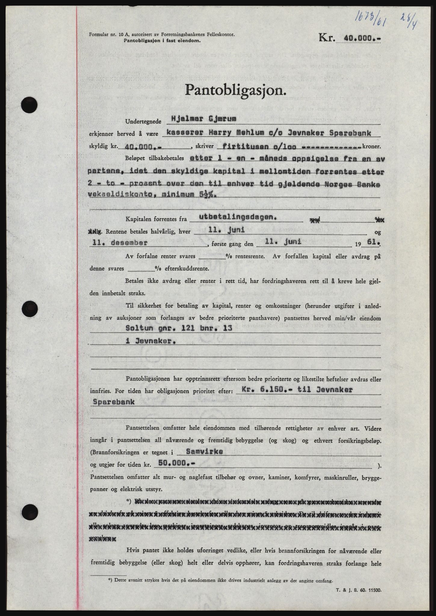 Hadeland og Land tingrett, SAH/TING-010/H/Hb/Hbc/L0045: Pantebok nr. B45, 1961-1961, Dagboknr: 1673/1961