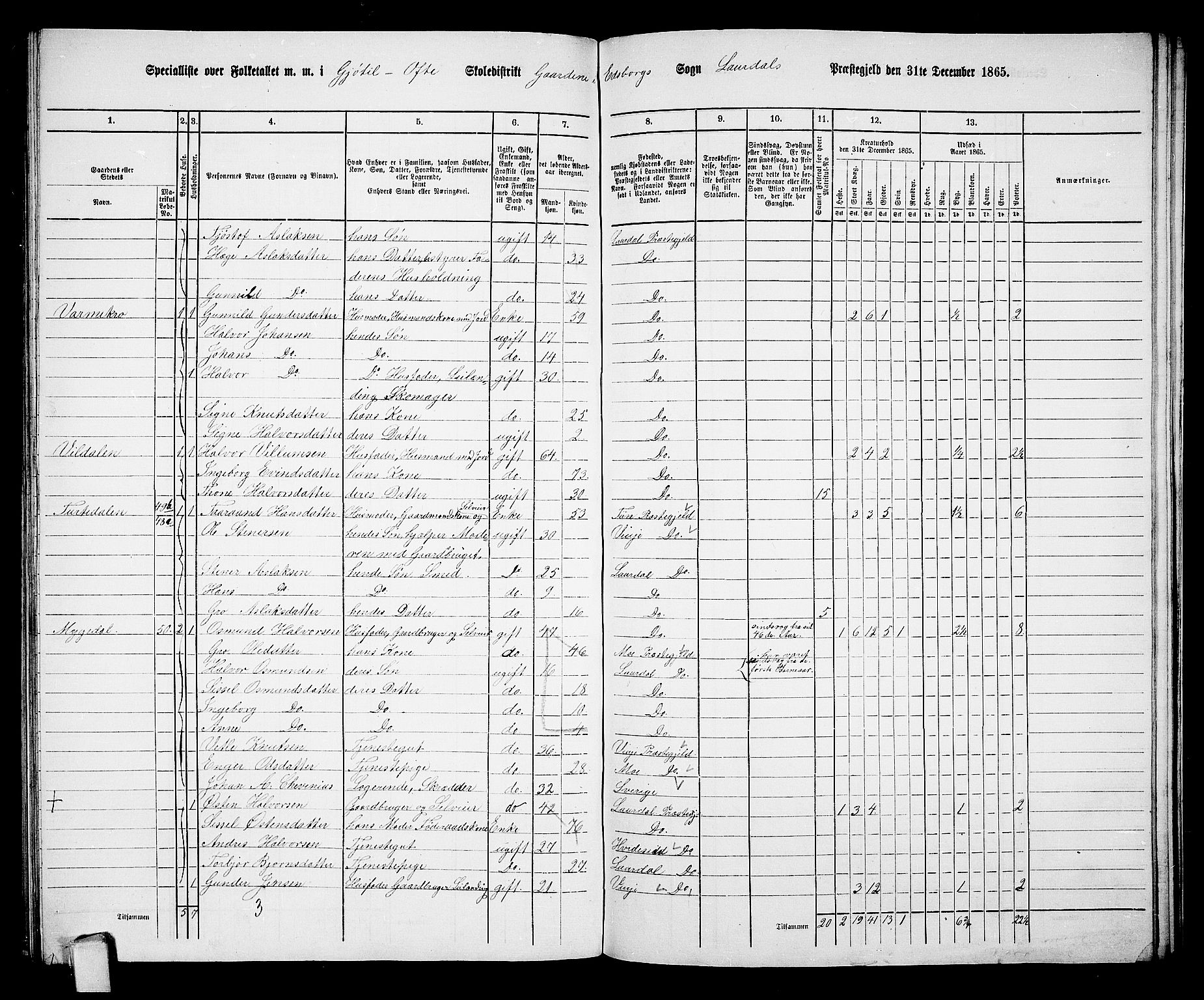 RA, Folketelling 1865 for 0833P Lårdal prestegjeld, 1865, s. 39