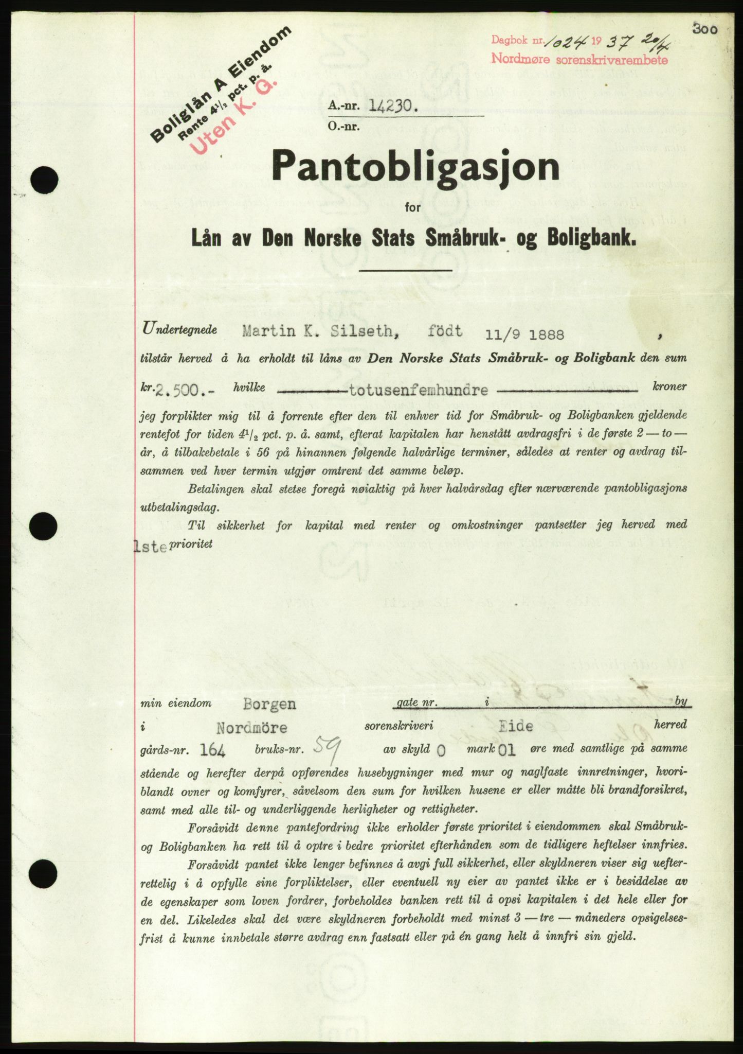 Nordmøre sorenskriveri, AV/SAT-A-4132/1/2/2Ca/L0091: Pantebok nr. B81, 1937-1937, Dagboknr: 1024/1937