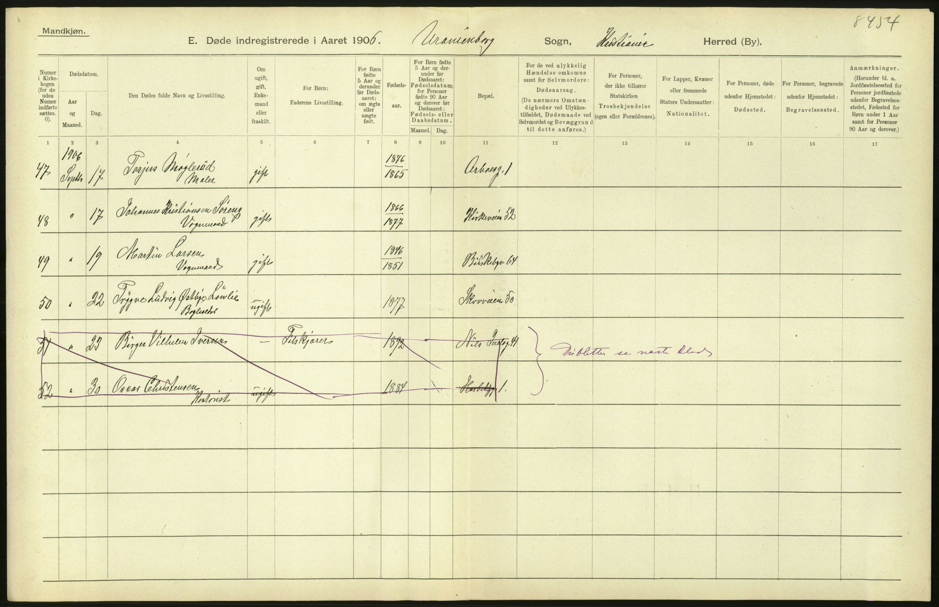 Statistisk sentralbyrå, Sosiodemografiske emner, Befolkning, AV/RA-S-2228/D/Df/Dfa/Dfad/L0009: Kristiania: Døde, 1906, s. 514