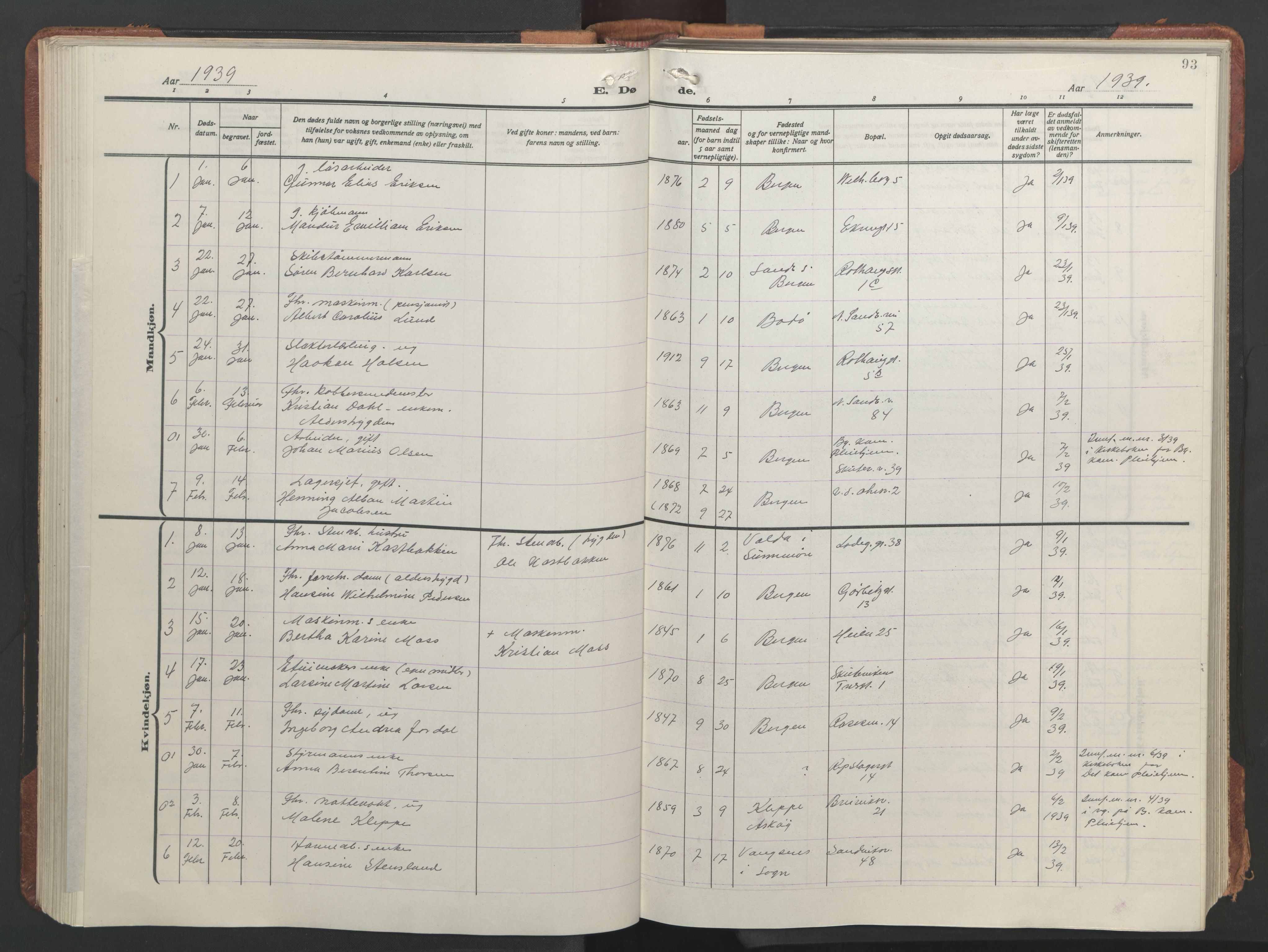 Sandviken Sokneprestembete, AV/SAB-A-77601/H/Hb/L0018: Klokkerbok nr. E 2, 1926-1962, s. 92b-93a