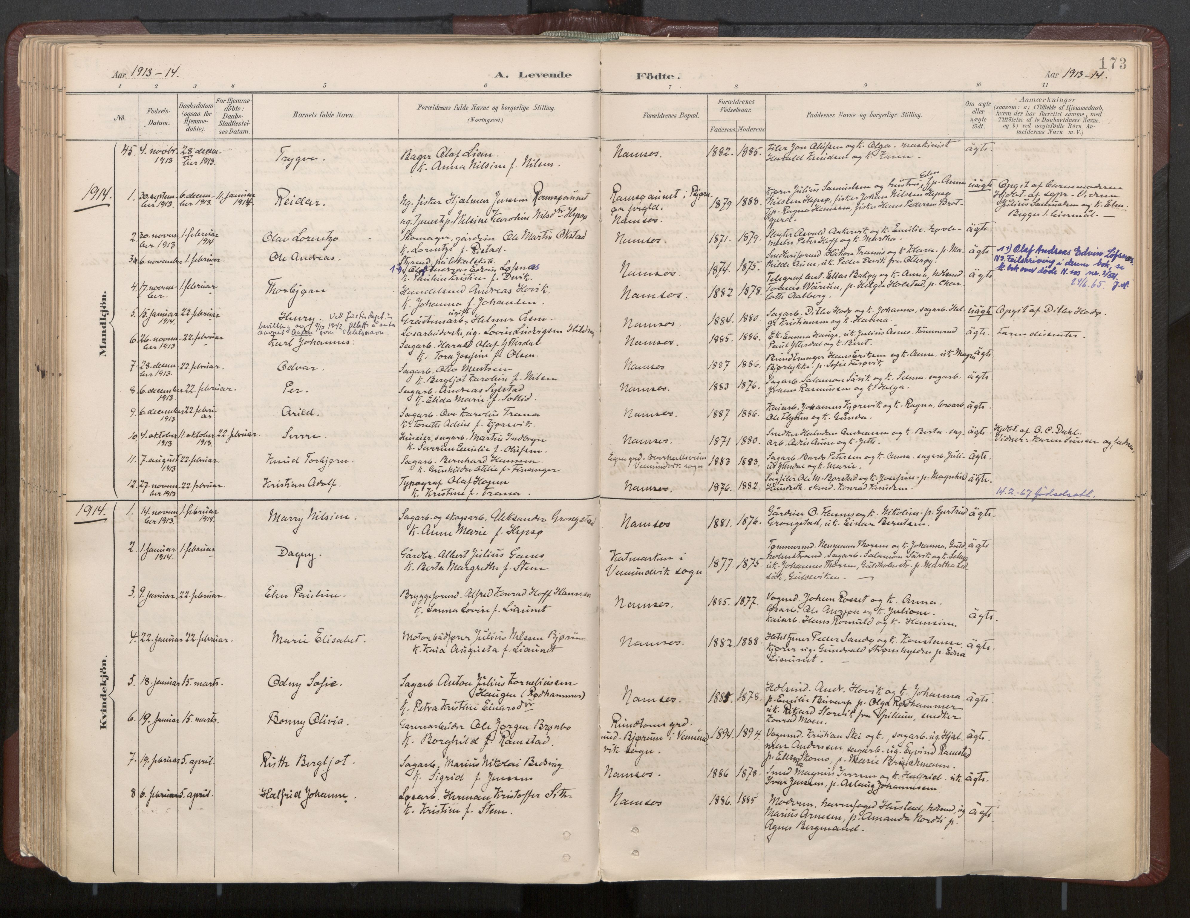 Ministerialprotokoller, klokkerbøker og fødselsregistre - Nord-Trøndelag, AV/SAT-A-1458/768/L0574: Ministerialbok nr. 768A08, 1887-1927, s. 173