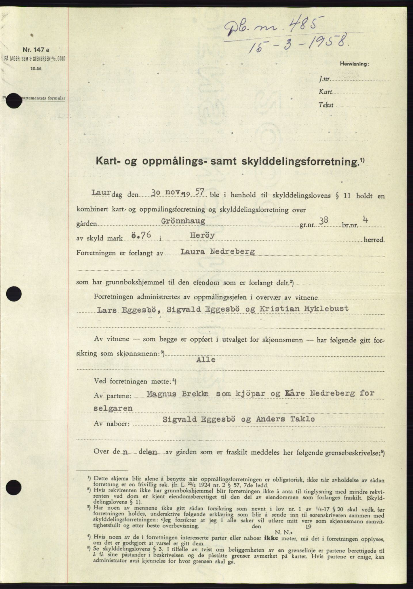 Søre Sunnmøre sorenskriveri, SAT/A-4122/1/2/2C/L0109: Pantebok nr. 35A, 1958-1958, Dagboknr: 485/1958