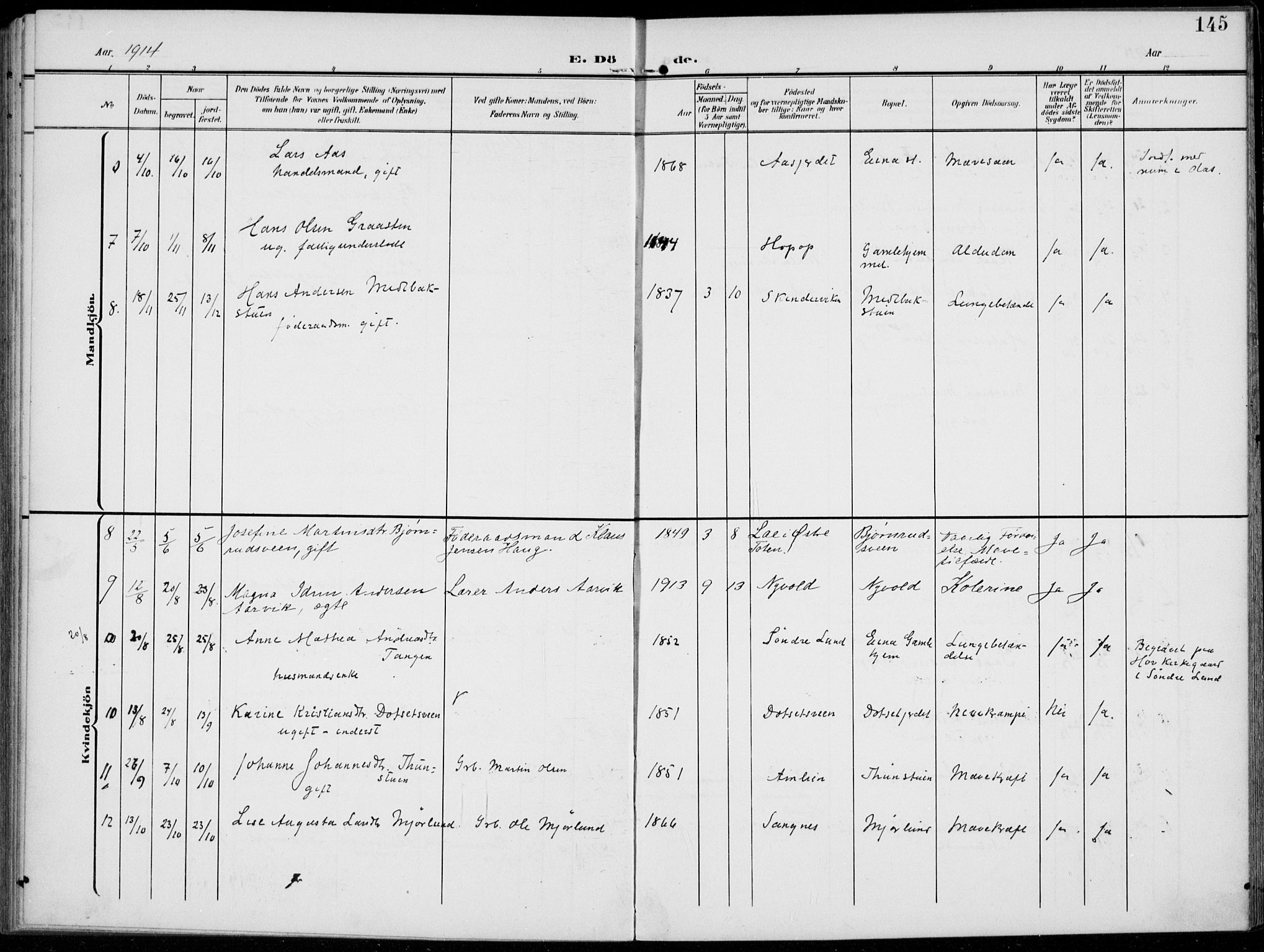 Kolbu prestekontor, AV/SAH-PREST-110/H/Ha/Haa/L0001: Ministerialbok nr. 1, 1907-1923, s. 145