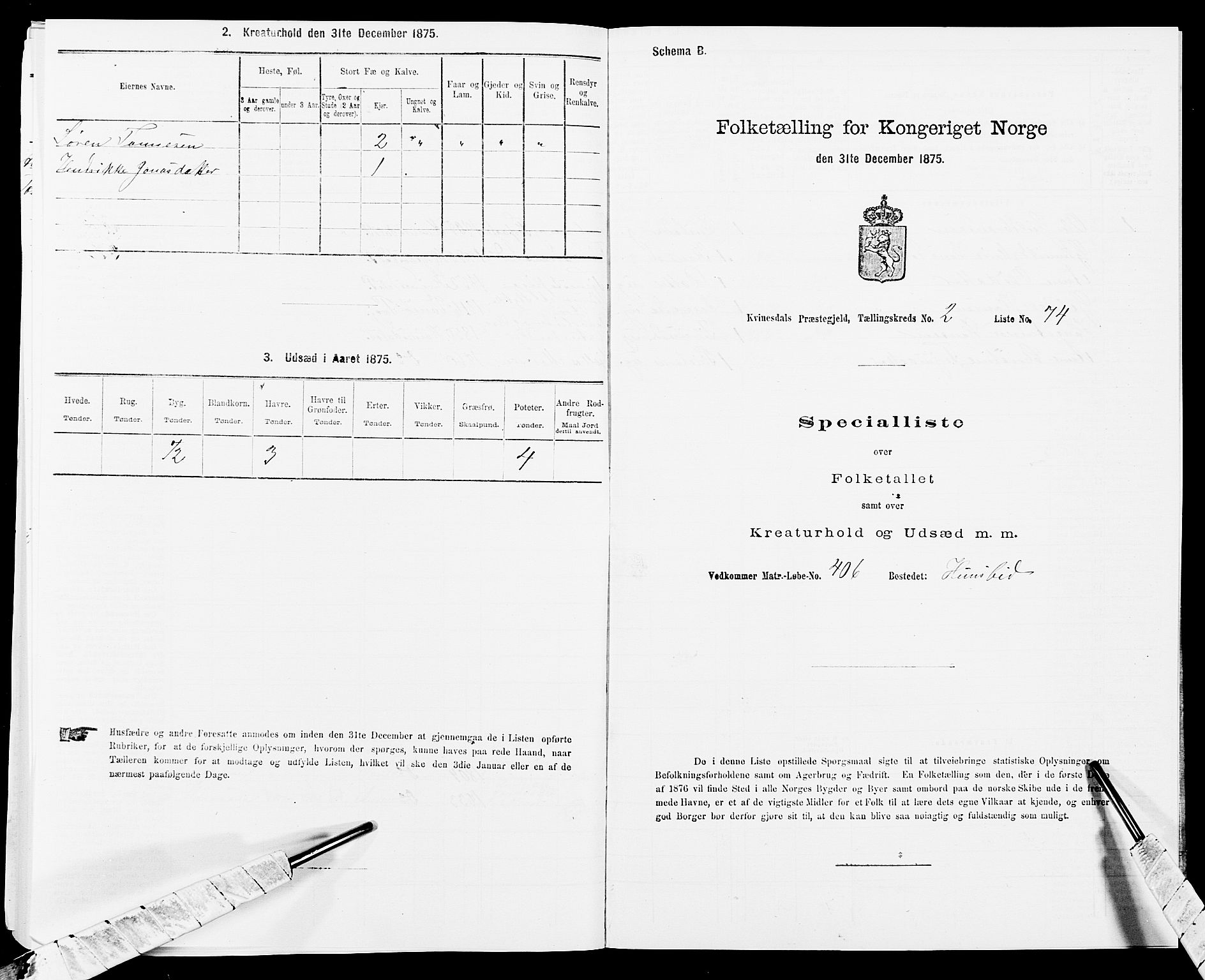 SAK, Folketelling 1875 for 1037P Kvinesdal prestegjeld, 1875, s. 421