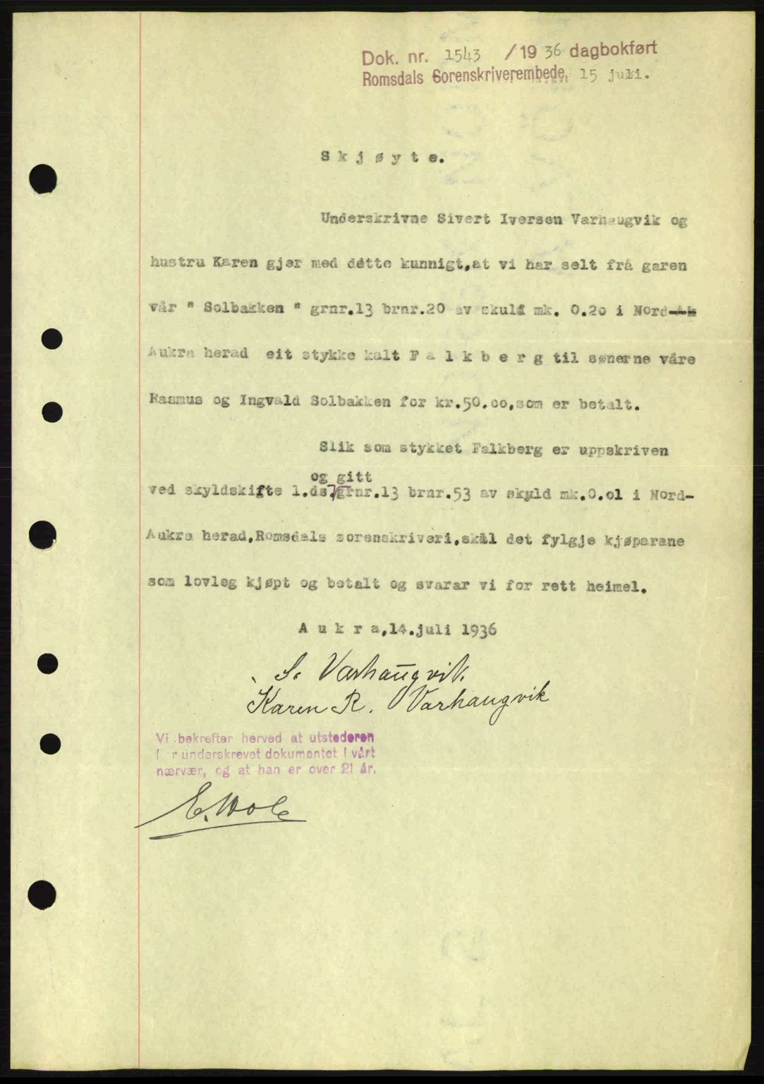 Romsdal sorenskriveri, SAT/A-4149/1/2/2C: Pantebok nr. A1, 1936-1936, Dagboknr: 1543/1936