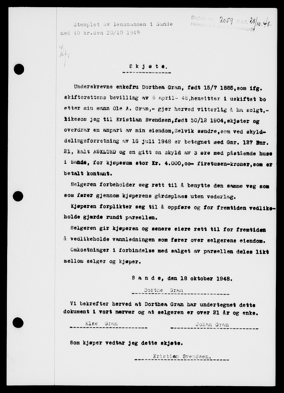 Holmestrand sorenskriveri, SAKO/A-67/G/Ga/Gaa/L0065: Pantebok nr. A-65, 1948-1949, Dagboknr: 2059/1948