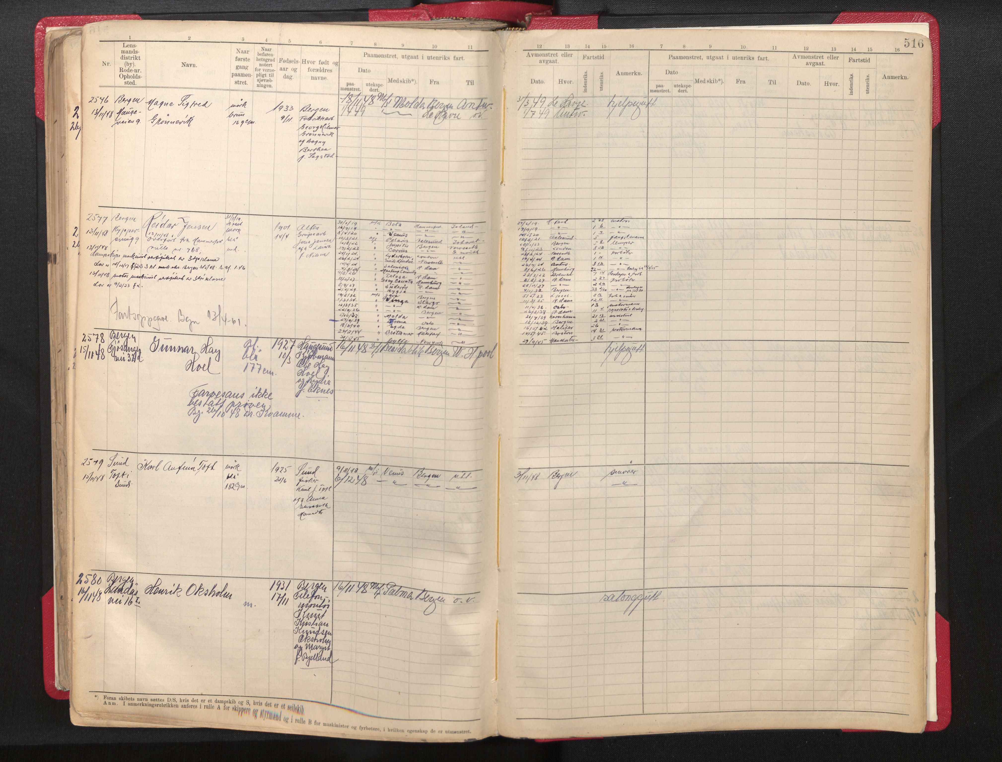 Innrulleringssjefen i Bergen, AV/SAB-A-100050/F/Fe/L0008: Sjøfartsrulle B, nr. 1 - 2621, 1919-1948