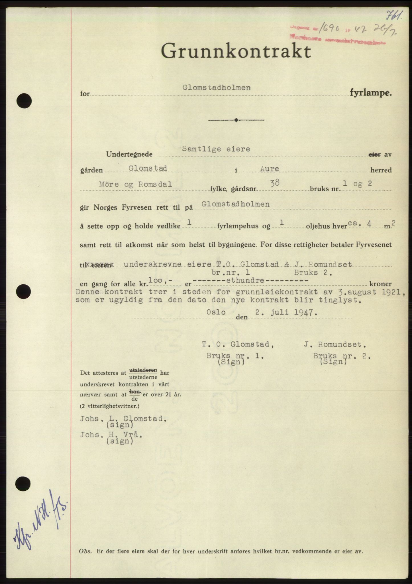 Nordmøre sorenskriveri, AV/SAT-A-4132/1/2/2Ca: Pantebok nr. B96, 1947-1947, Dagboknr: 1690/1947