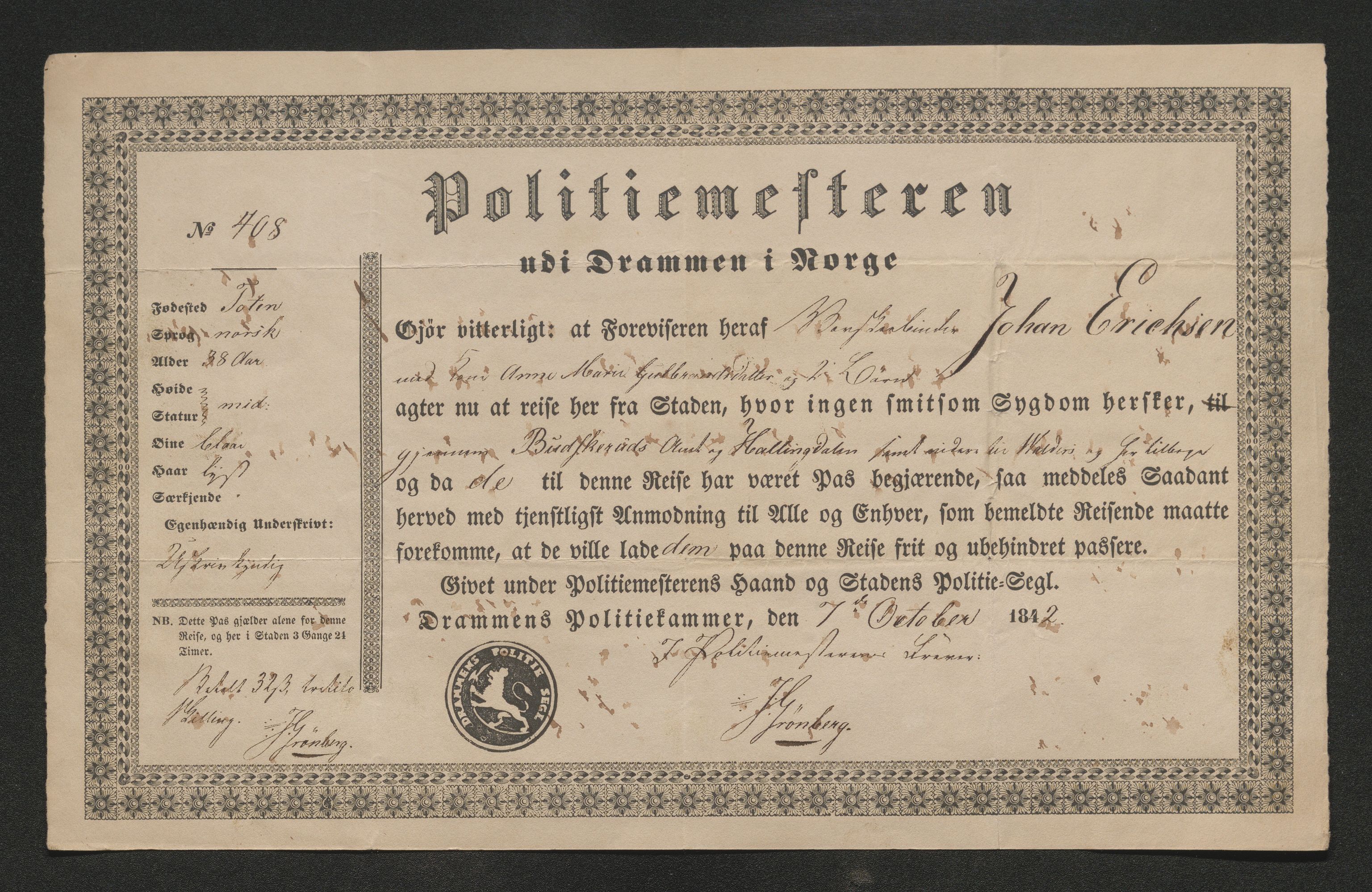 Drammen politikammer, AV/SAKO-A-623/I/Ia/Iab/L0007: Innleverte pass, 1843-1844, s. 117