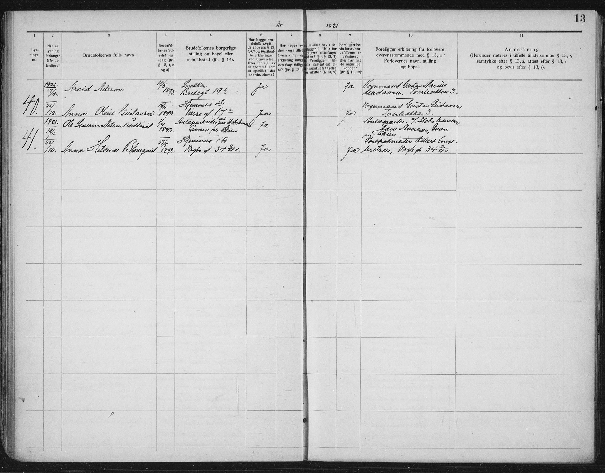 Lilleborg prestekontor Kirkebøker, AV/SAO-A-10343a/H/L0002: Lysningsprotokoll nr. 2, 1919-1940, s. 13