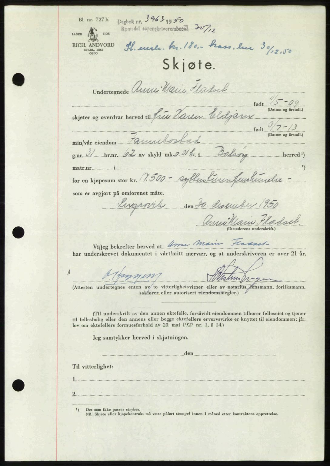 Romsdal sorenskriveri, AV/SAT-A-4149/1/2/2C: Pantebok nr. A35, 1950-1950, Dagboknr: 3963/1950