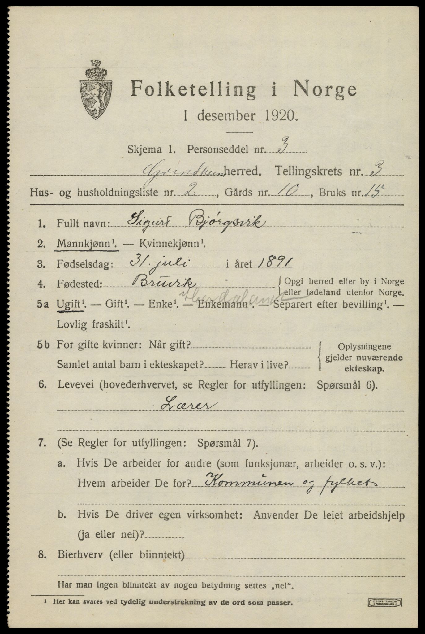 SAK, Folketelling 1920 for 1025 Grindheim herred, 1920, s. 909