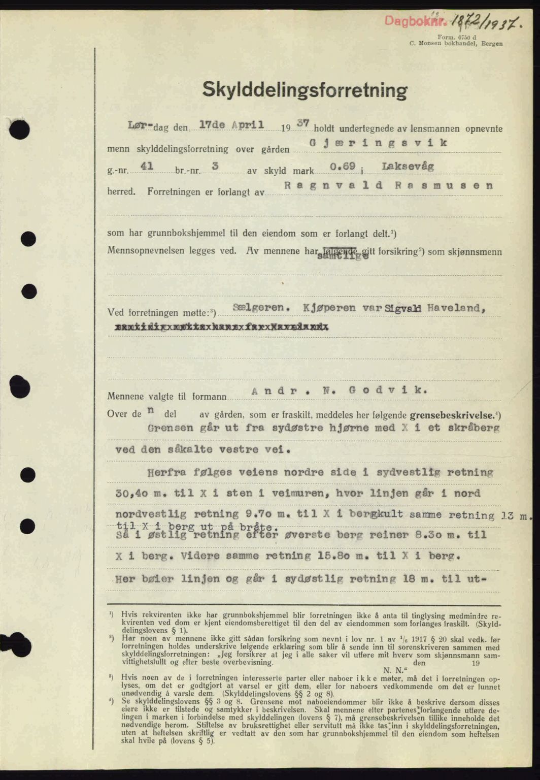 Midhordland sorenskriveri, SAB/A-3001/1/G/Gb/Gbk/L0001: Pantebok nr. A1-6, 1936-1937, Dagboknr: 1872/1937